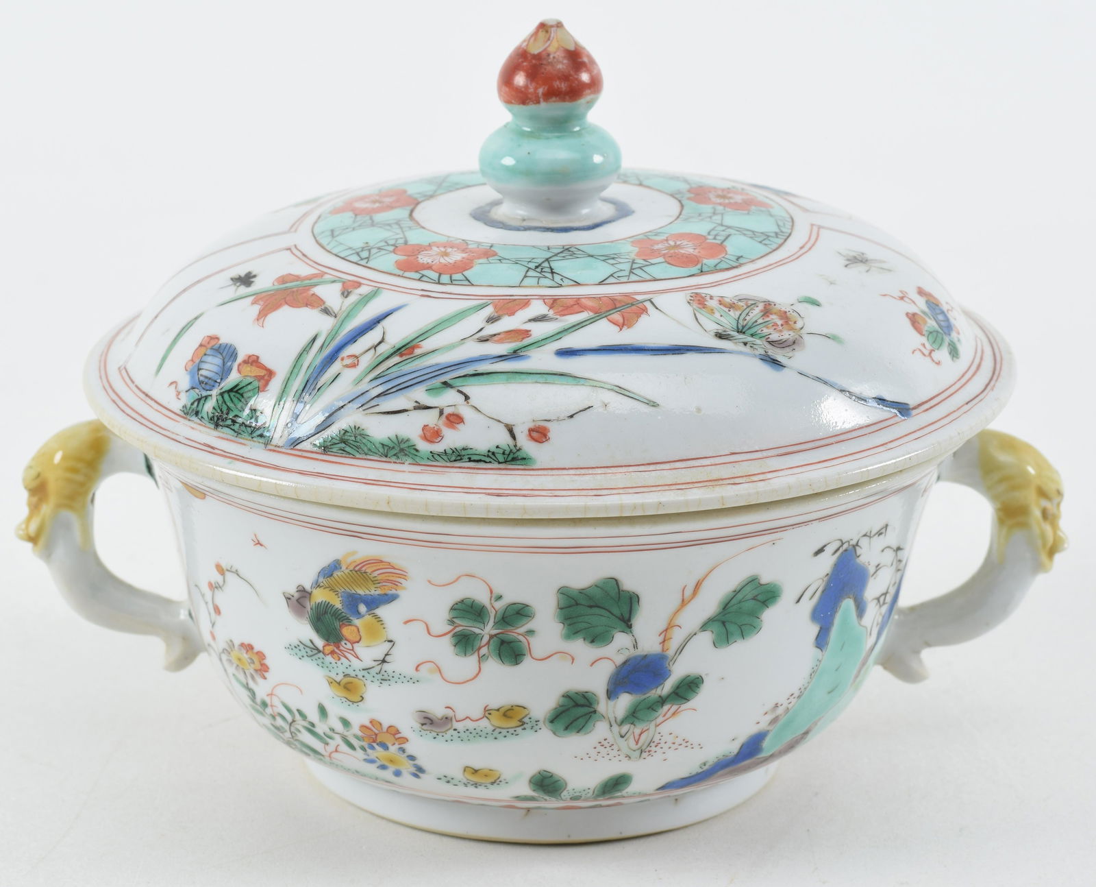 Porcelain covered dish. China. Kang Hsi period (1662-1722). Famille verte decoration. 8 x 5.5in. (1 of 9)