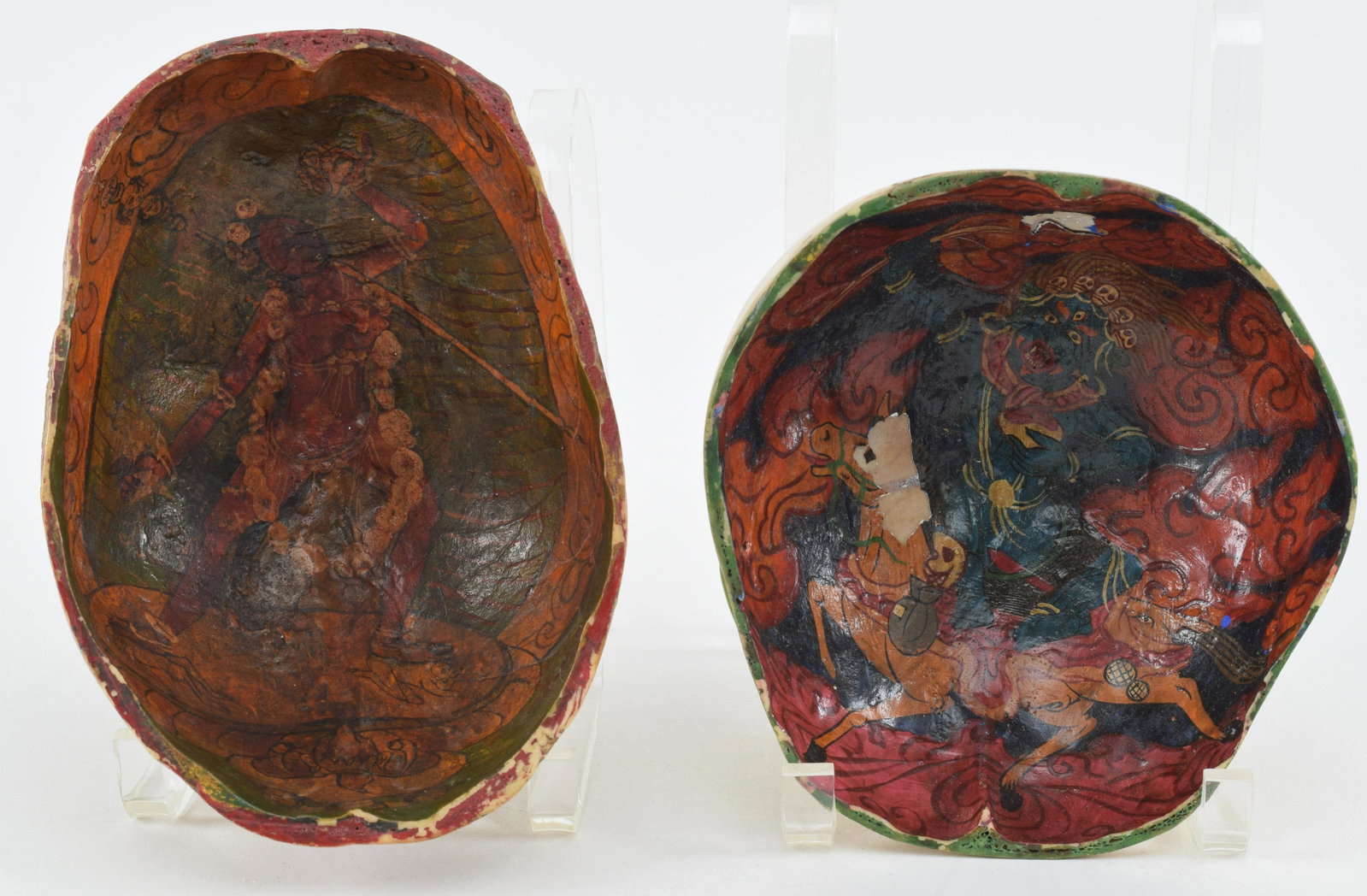 2 tantric ritual cups. Tibet. Early 20th century. Interiors painted with Yama and a Dakhini: 2 tantric ritual cups. Tibet. Early 20th century. Interiors painted with Yama and a Dakhini