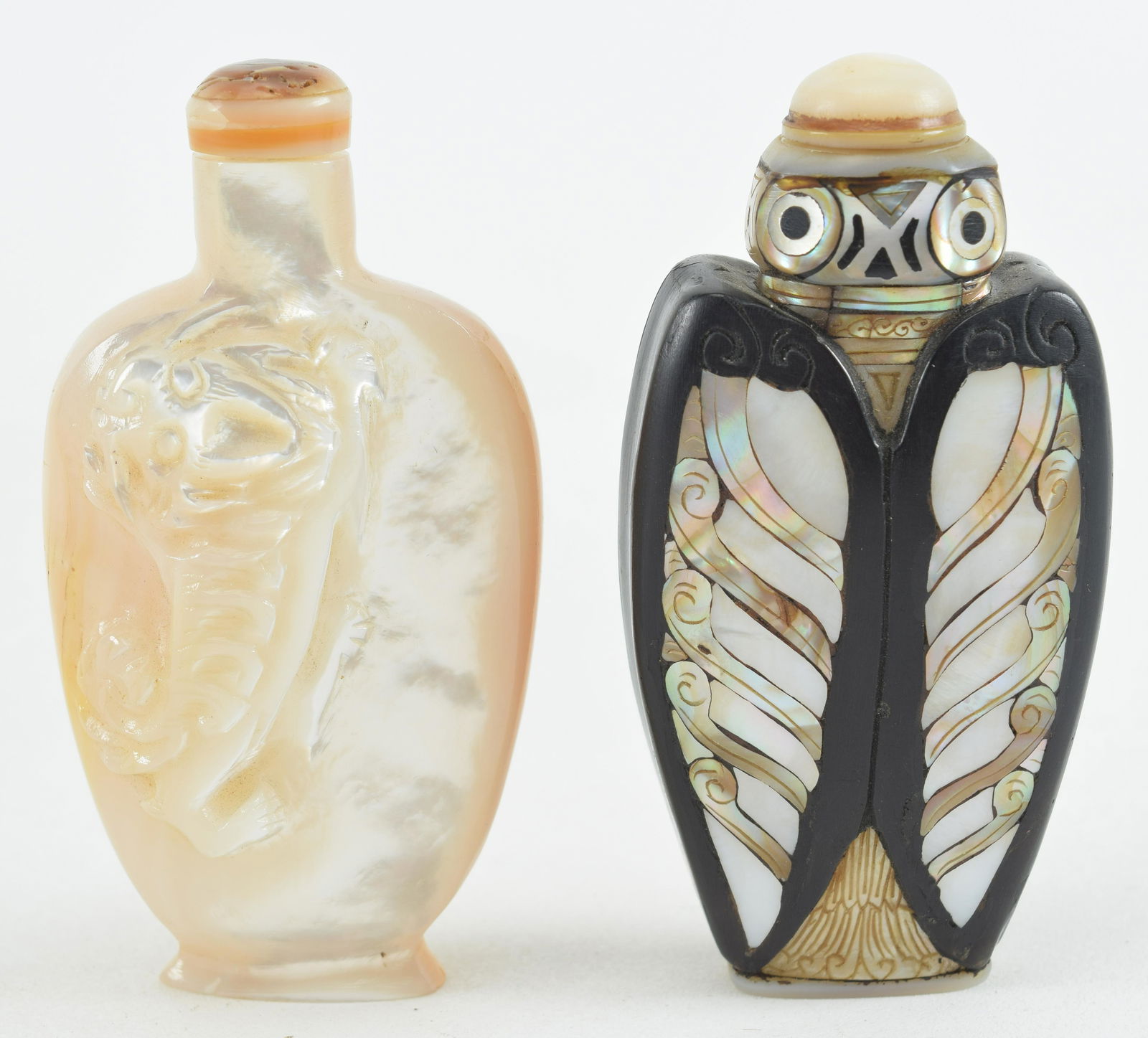 2 snuff bottles. China. 19th century. One of mother of pearl carved with figure on horseback and foo (1 of 9)