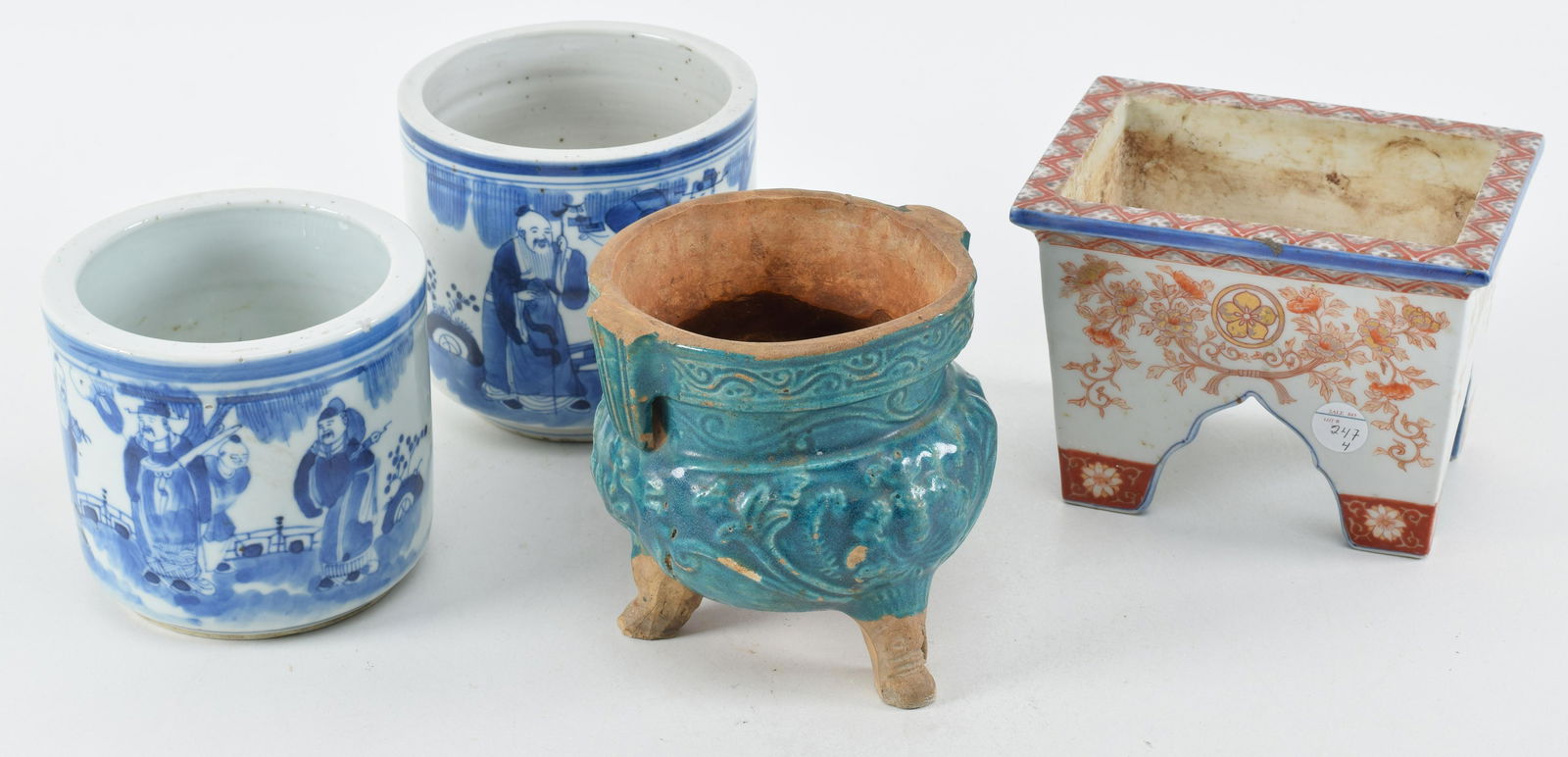 Lot of 4 porcelain censers. 1) Blue and white Chinese figural decorated porcelain censer. 4.75in (1 of 9)