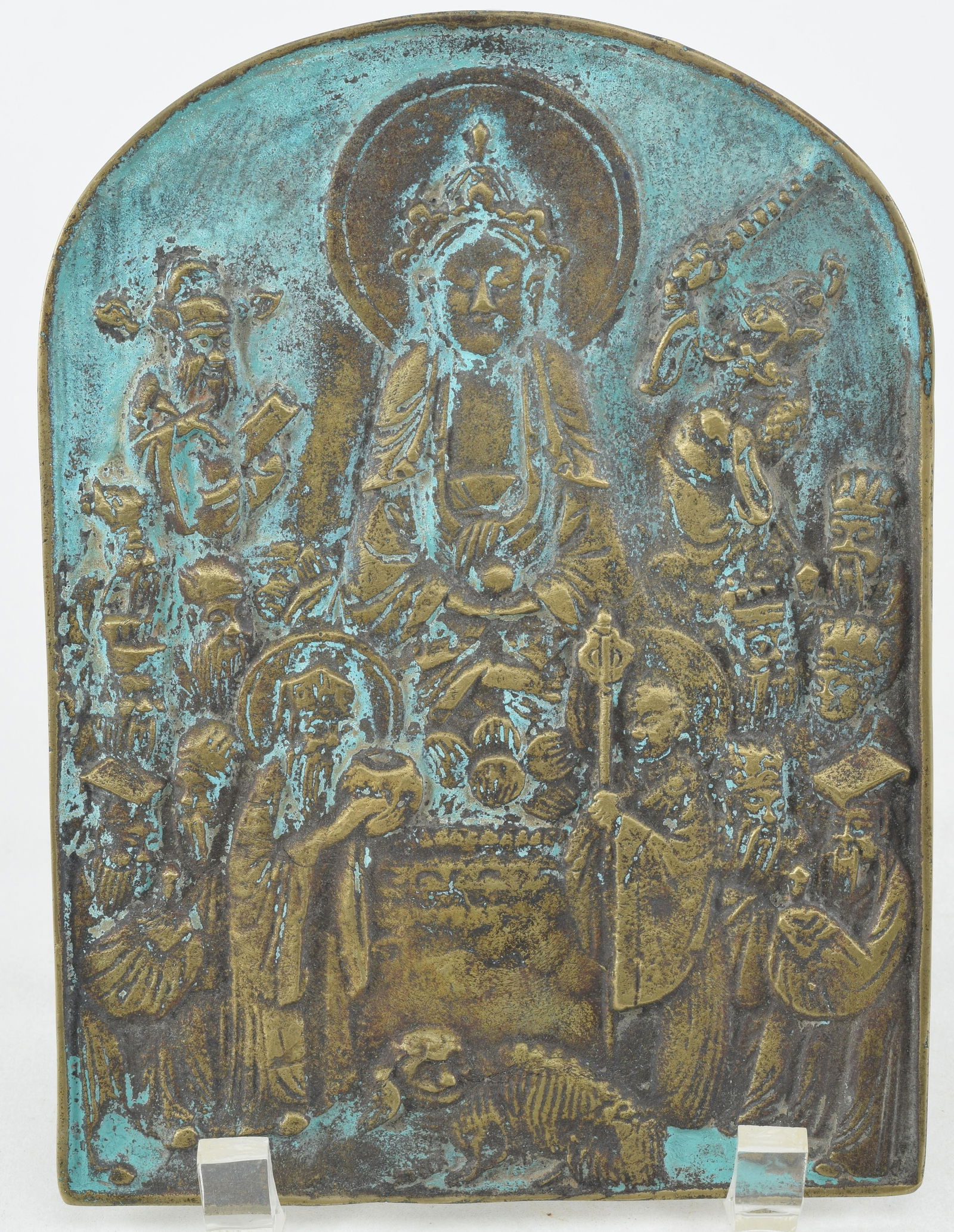 Bronze plaque. China. 19th century. Enamelled accents. Votive plaque for the godess of mercy, Kuan (1 of 6)