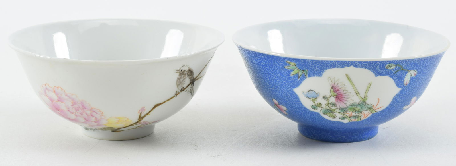 2 porcelain bowls. China. Early 20th century. One with birds and flowers. The other with floral (1 of 8)