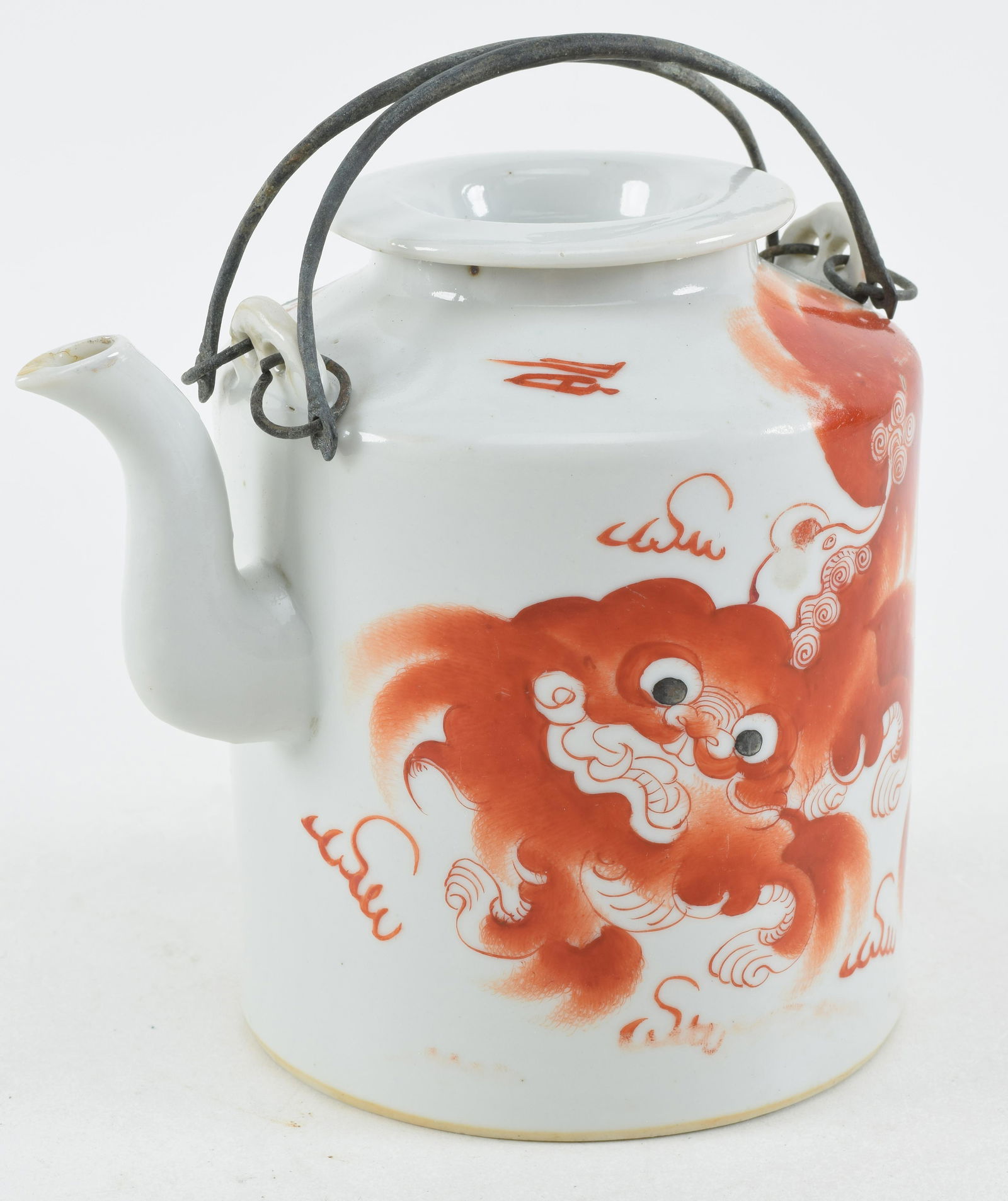 Porcelain teapot. China. Early 20th century. Decoration of iron red foo dogs and calligraphy. 6in (1 of 8)