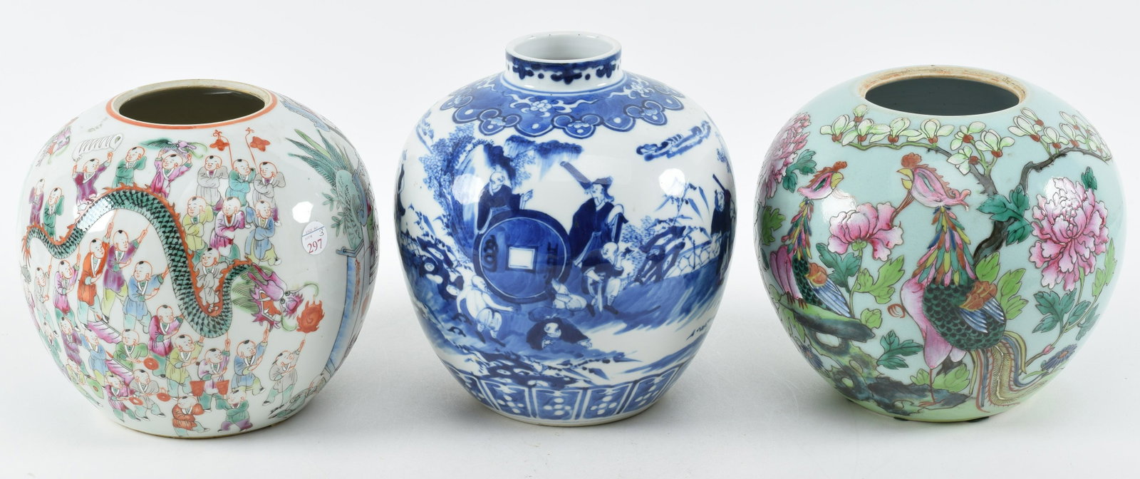 Lot of 3 Chinese porcelain jars. 1) Celadon ground famille rose decorated with rust bats. 18th/19th: Lot of 3 Chinese porcelain jars. 1) Celadon ground famille rose decorated with rust bats. 18th/19th century. Missing cover. Star hairline in base. 7in high. 8.5in diameter. 2) Blue and white. Drilled 