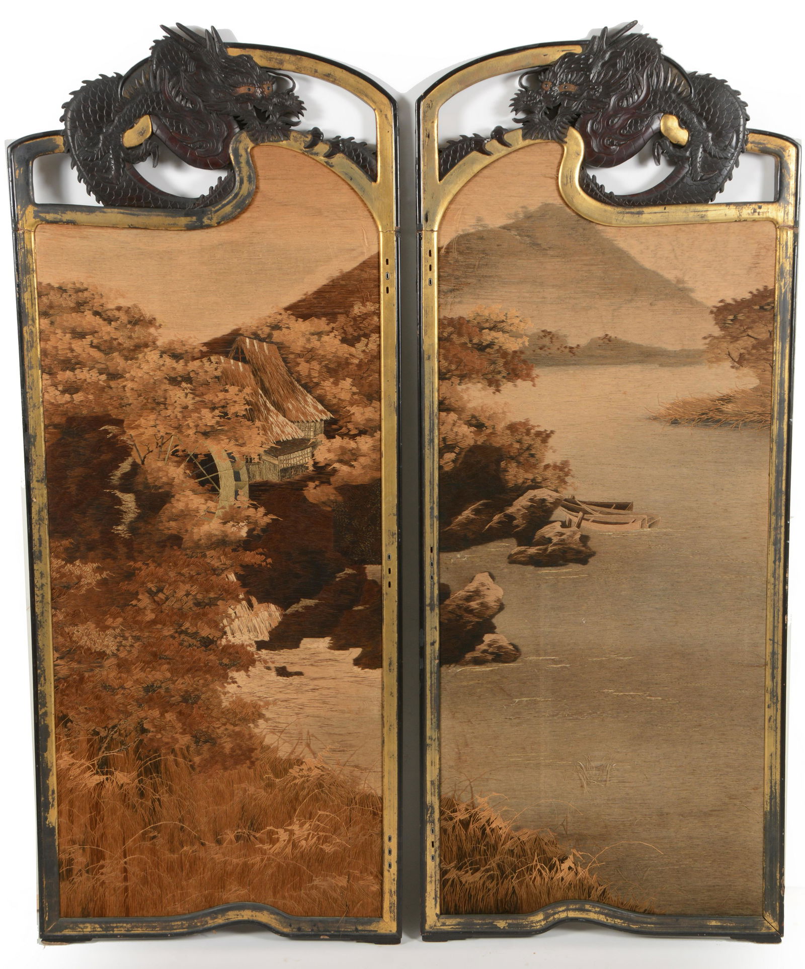 2 panel screen. Japan. Meiji period (1868-1912). Embroidered panels enclosed in a carved, lacquered, (1 of 12)