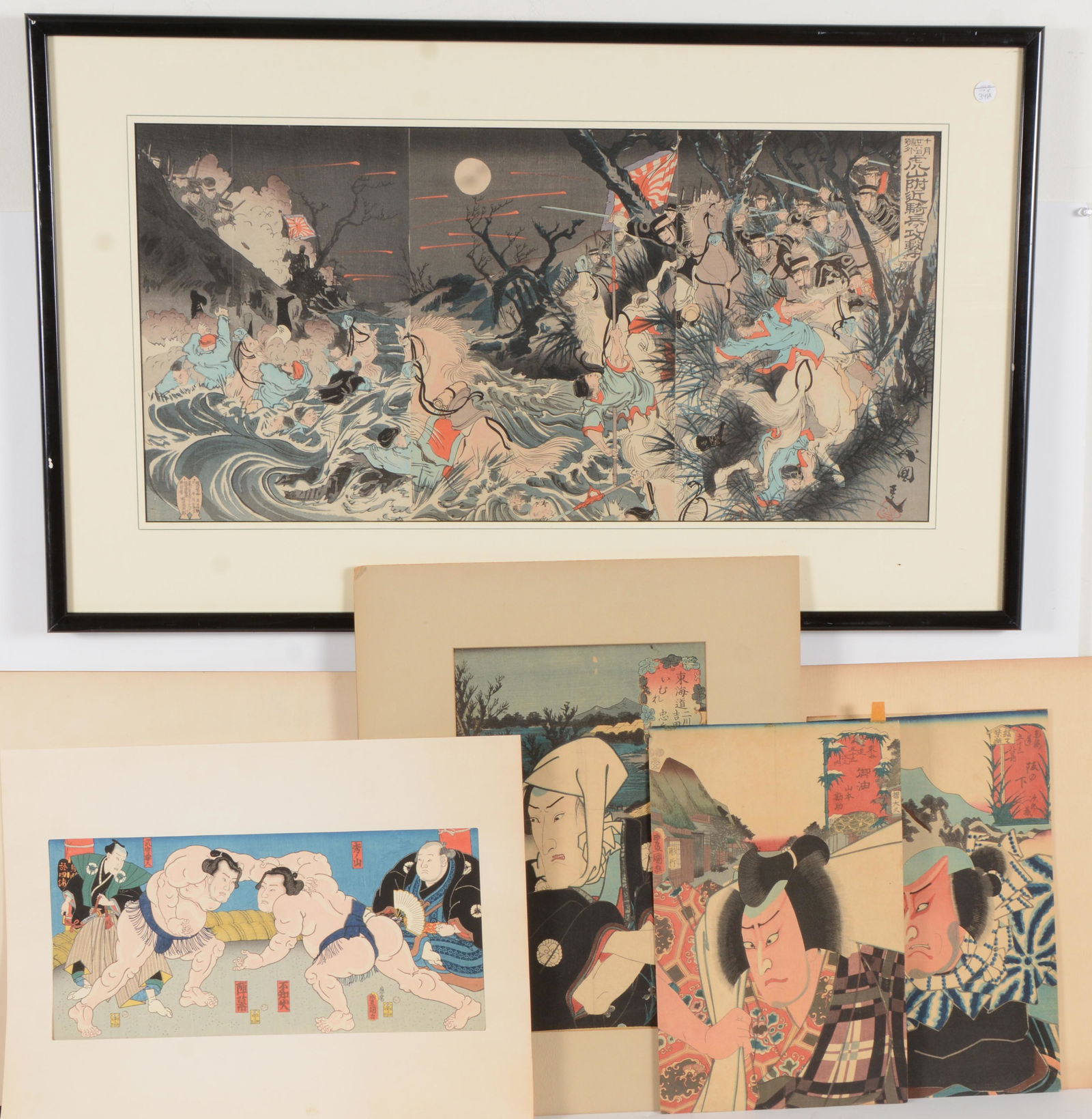 Lot of 5 Japanese woodblock prints. To include framed Sino-Japanese war scene. Overall of frame: (1 of 8)