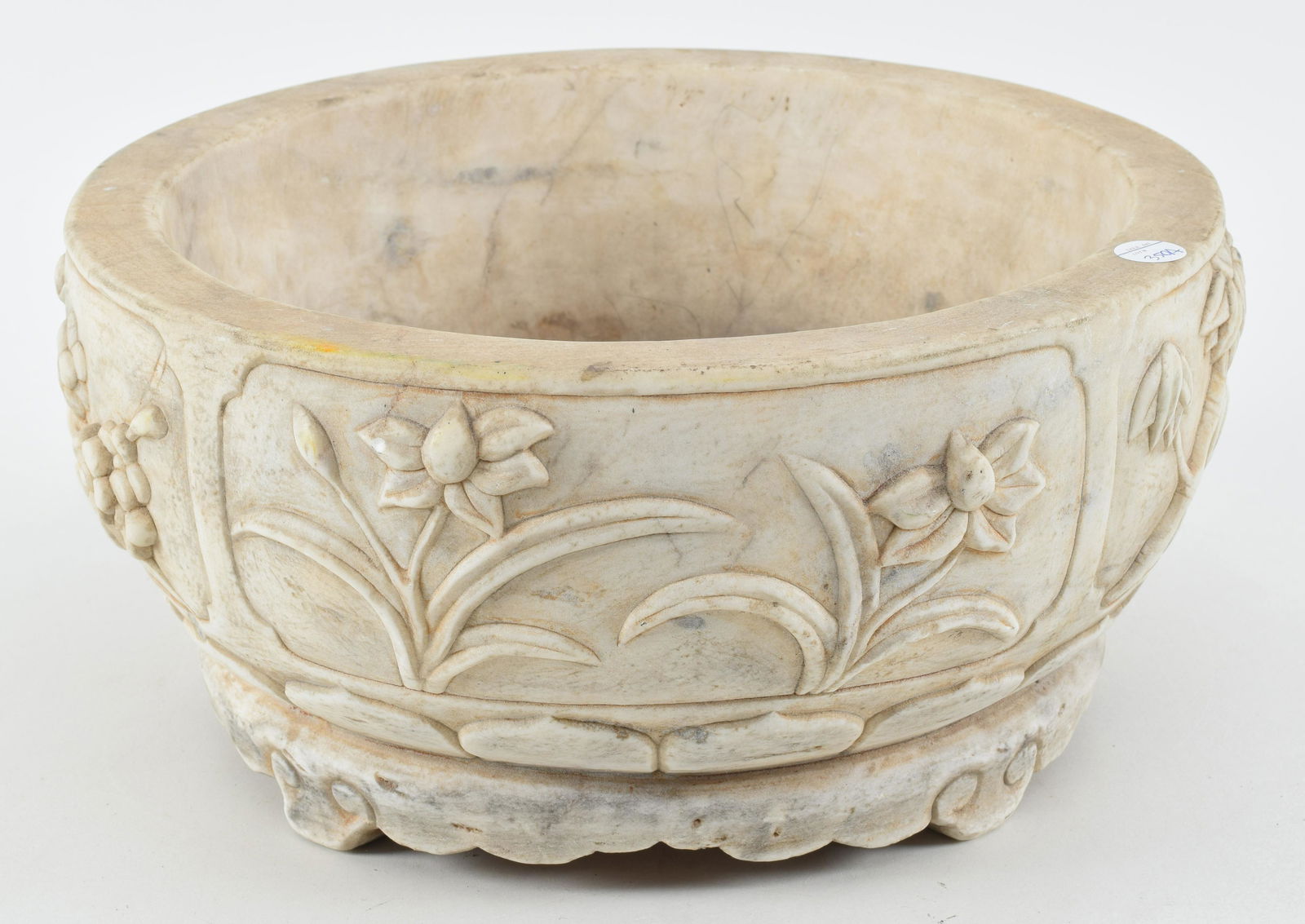 Marble basin. China. 19th/20th century. Surface carved in relief with various plants and flowers. (1 of 6)