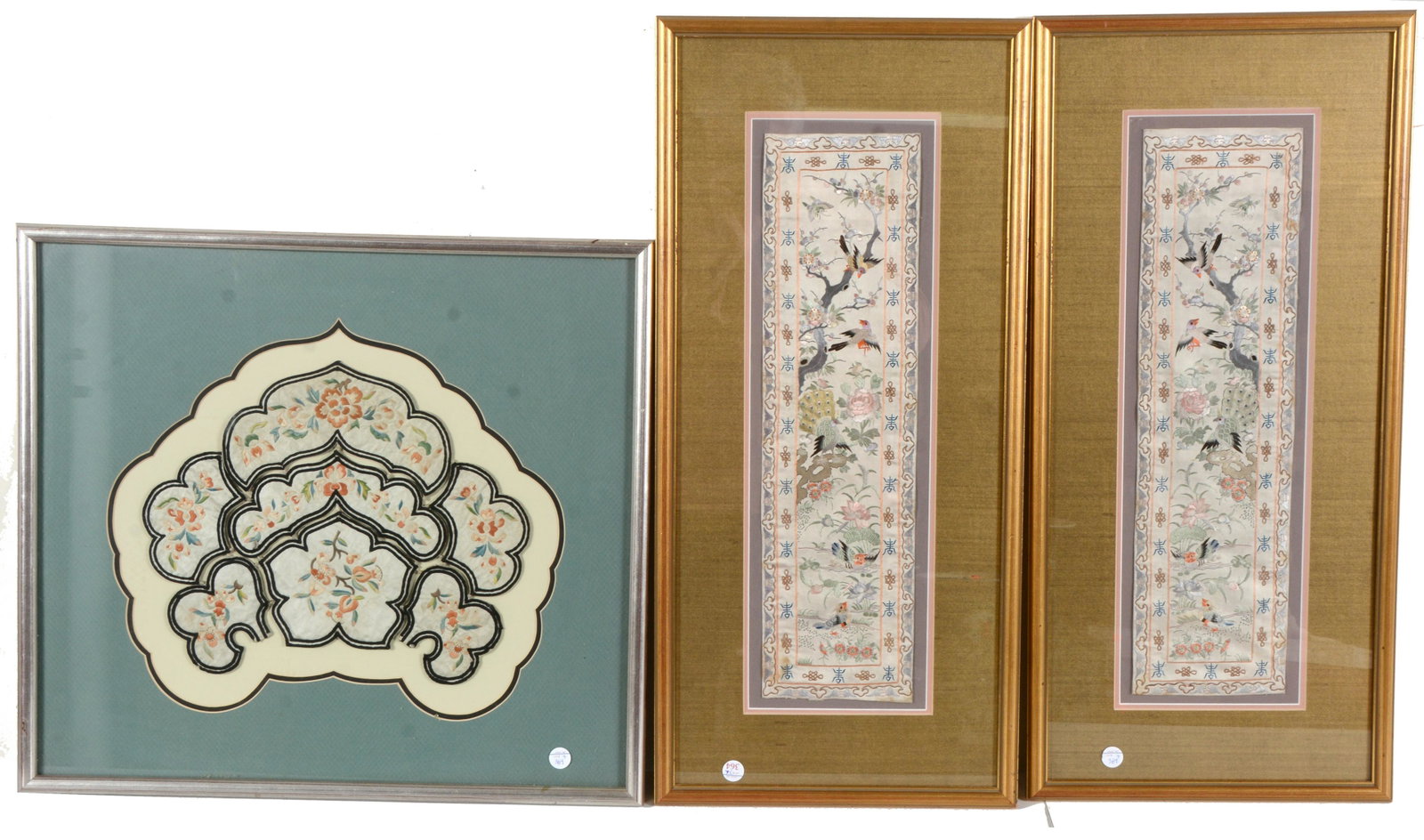 3 framed embroideries. China. Early 20th century. Two sleeve panels and a collar.: 3 framed embroideries. China. Early 20th century. Two sleeve panels and a collar.