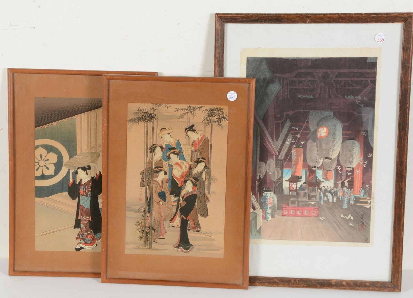 Lot of 3 Japanese woodblock prints. 2 matching scenes and a larger scene of a lantern festival at a (1 of 6)