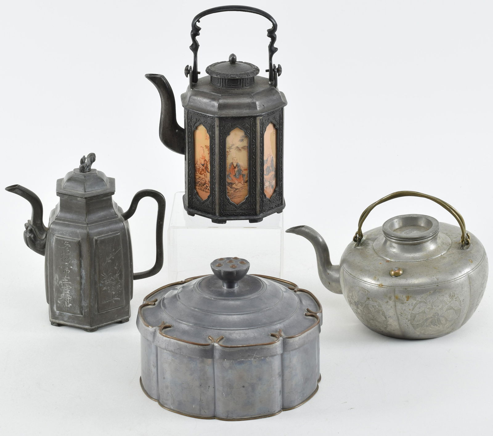 4 pieces  of pewter, China. 3 ewers  and a covered box. Largest 8 in (1 of 7)