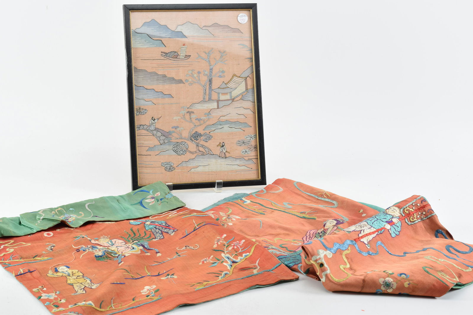 3 Textiles, China 19th / early 20th Century. One framed Kâ€™ossu panel.  Largest 12 x 9in (1 of 5)