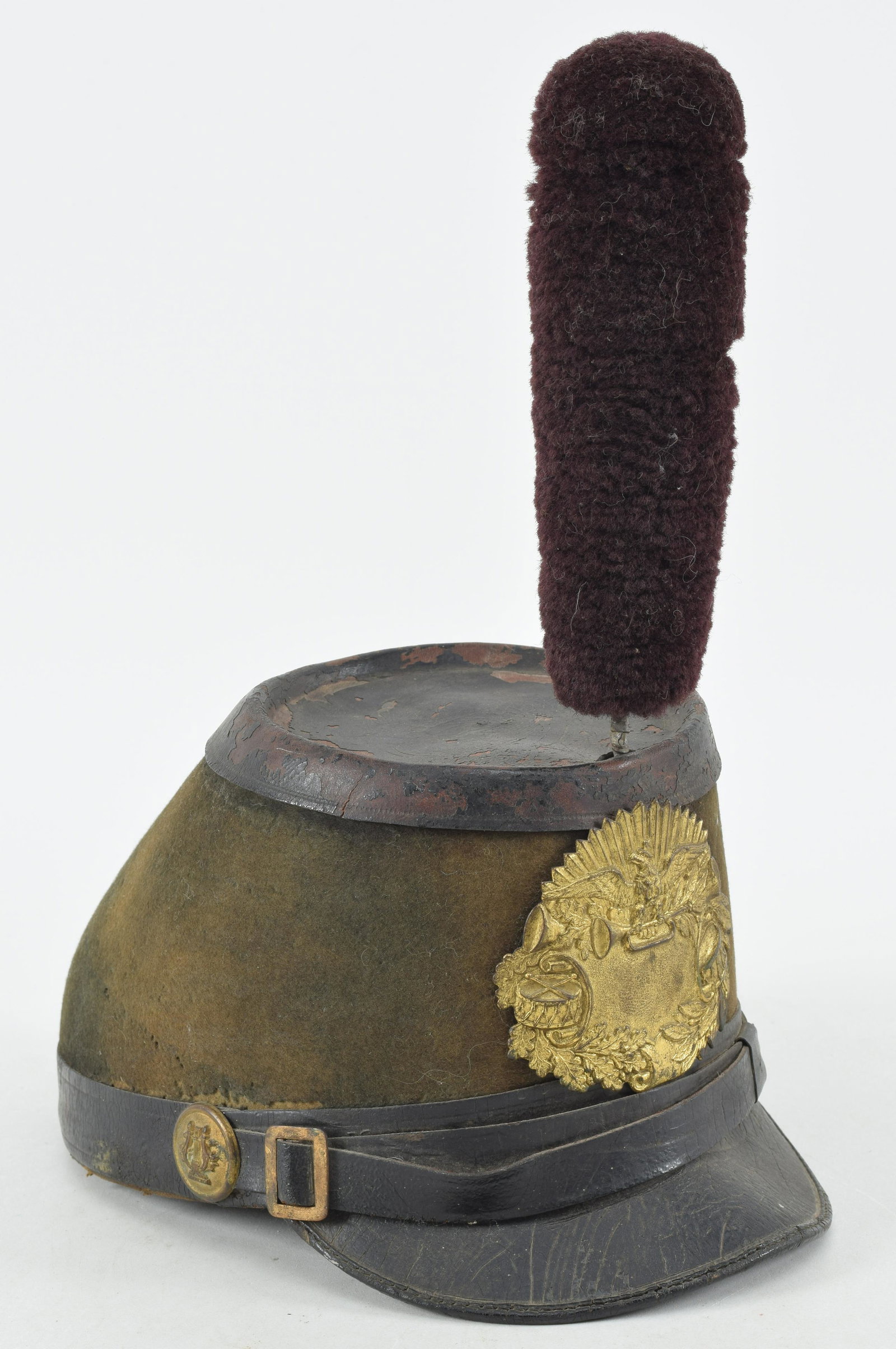 1870s Militia Musicians Shako with Pom-pom. A classic Indian War type cap with large unidentified: 1870s Militia Musicians Shako with Pom-pom. A classic Indian War type cap with large unidentified unit Musicians Plate. Attic found with some moth holes and heavy dirt patina. This hat has no makers l