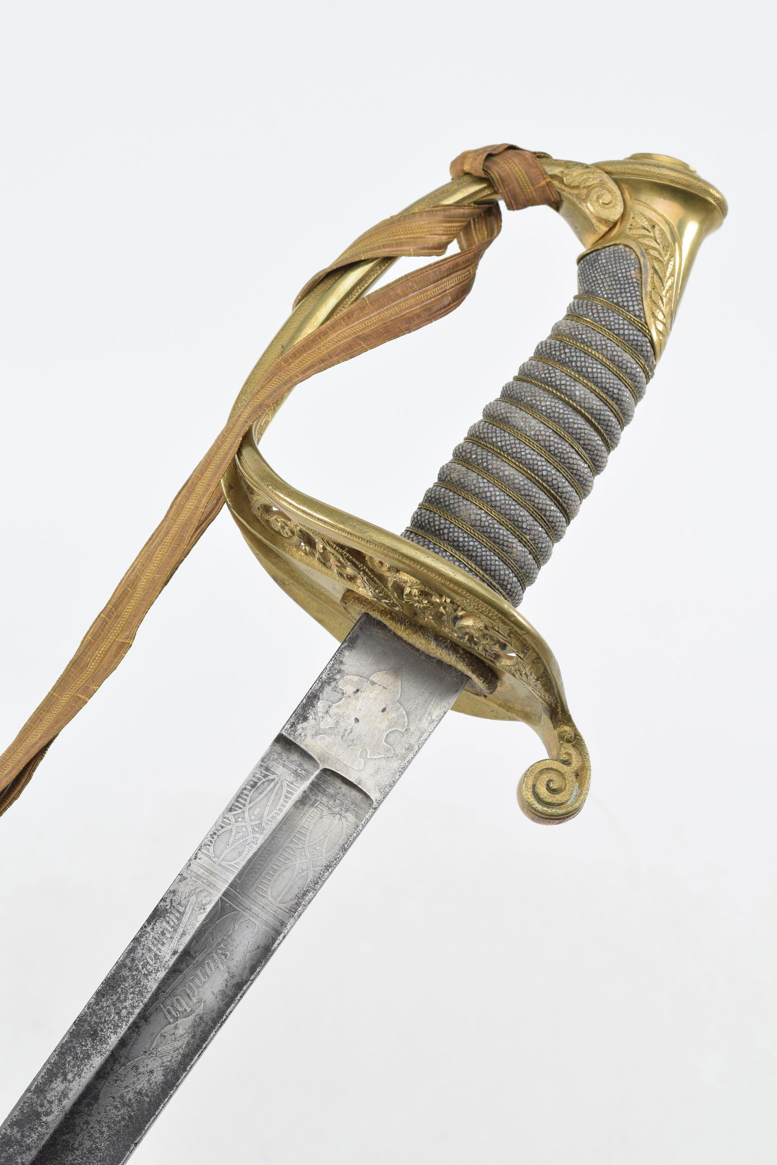 Civil War Model 1850 Staff Field Officer Sword with Knot. Sword is stamped "Schuyler Hartley &: Civil War Model 1850 Staff Field Officer Sword with Knot. Sword is stamped "Schuyler Hartley & Graham New York" on one side of the Ricasso. Blade measures 30-3/4" and is etched on both sides within th