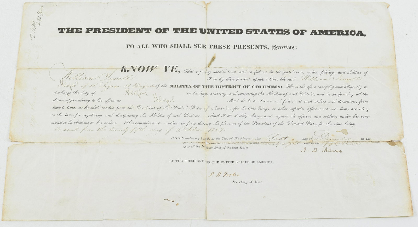 John Quincy Adams signed military appointment. 1827. Document appoints William Jewell the rank of: John Quincy Adams signed military appointment. 1827. Document appoints William Jewell the rank of Major of 1st Legion 1st Brigade of the militia of the district of Columbia. Signed December 1st, 1828 