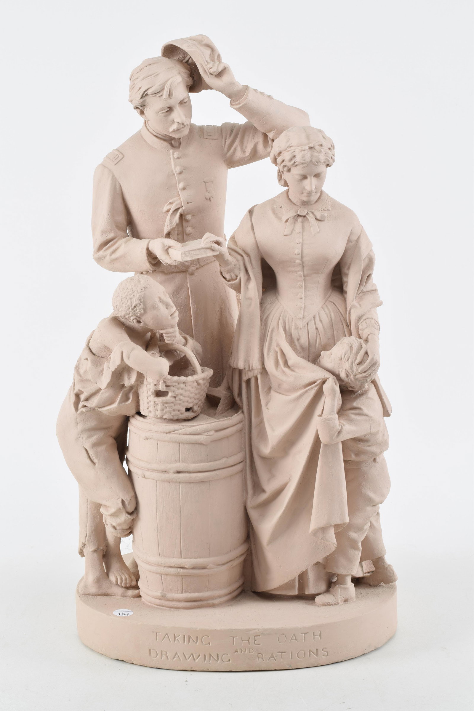 John Rogers Group Civil War soldier with family and young black child looking on. "Taking the Oath: John Rogers Group Civil War soldier with family and young black child looking on. "Taking the Oath and Drawing Rations". Pat date 1866. 23in high.
