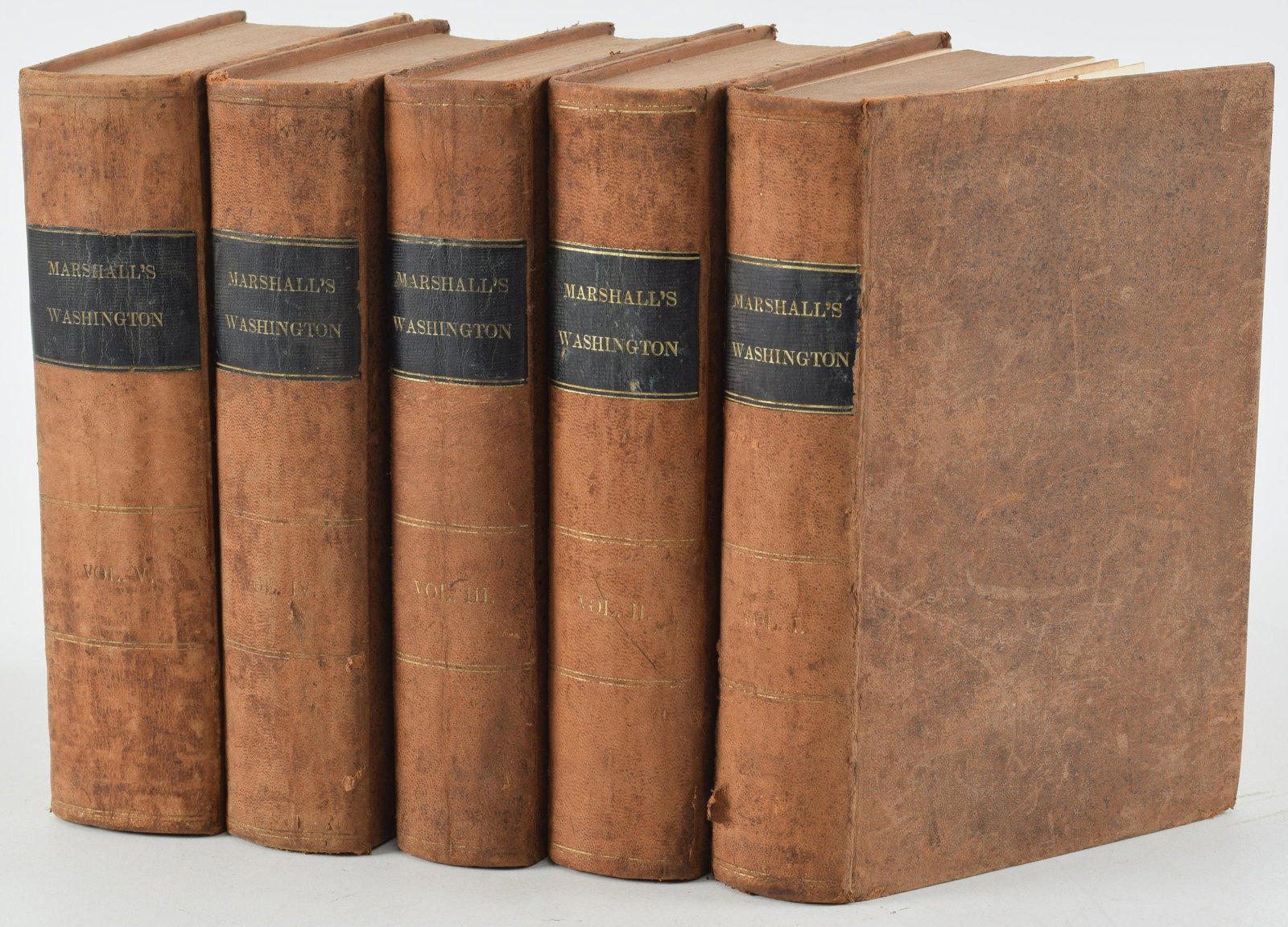 Life of George Washington. John Marshall. 1804-1807. Philadelphia: C. P. Wayne. 5 vol. set. Engraved: Life of George Washington. John Marshall. 1804-1807. Philadelphia: C. P. Wayne. 5 vol. set. Engraved frontispiece portrait of Washington. Full leather binding. Minor scuffs. Foxing and staining scatte