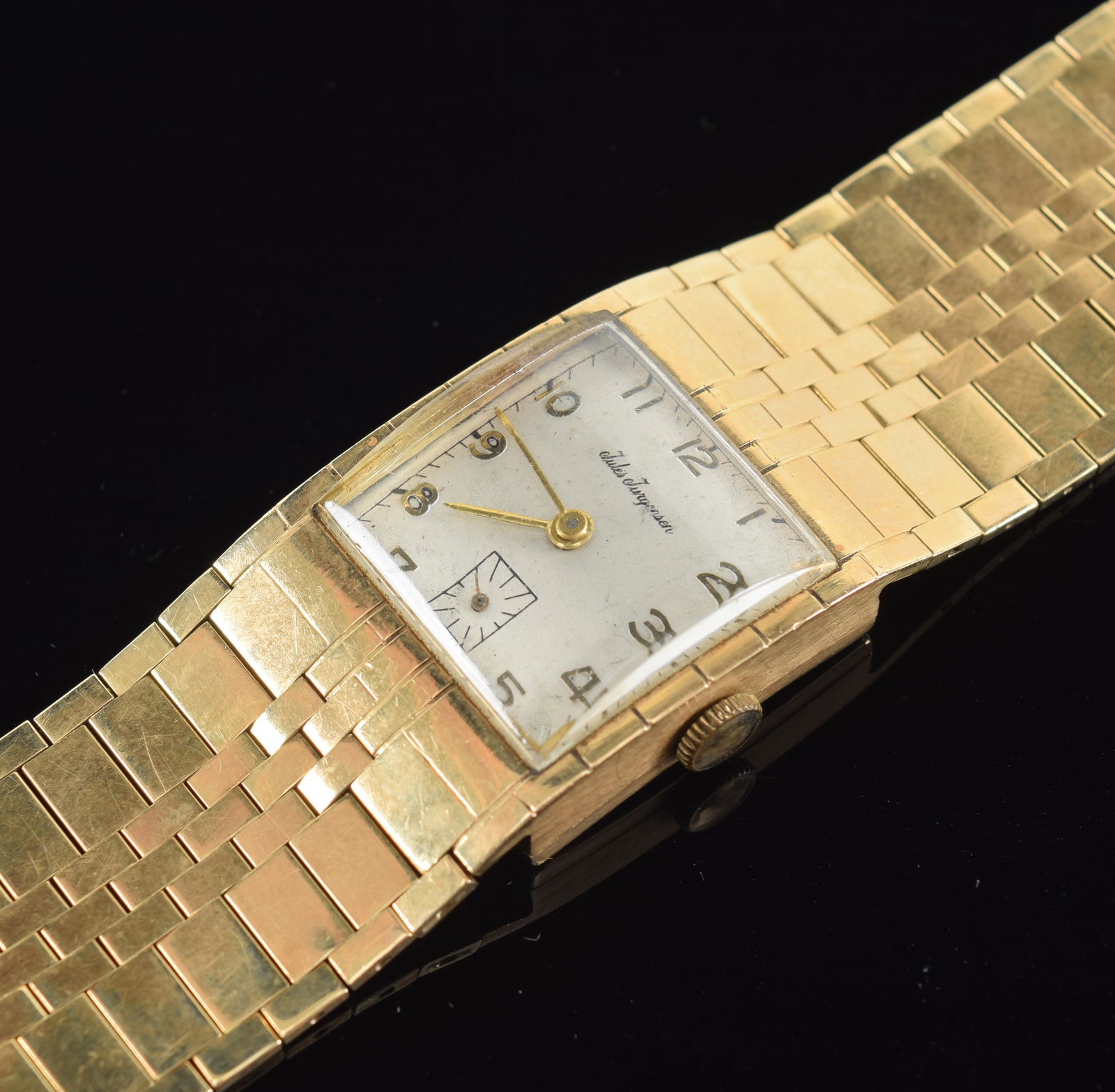 14K gold Jules Jurgensen vintage square face wrist watch. Gold band. 0.875 in wide. 7.5in long. Back (1 of 9)