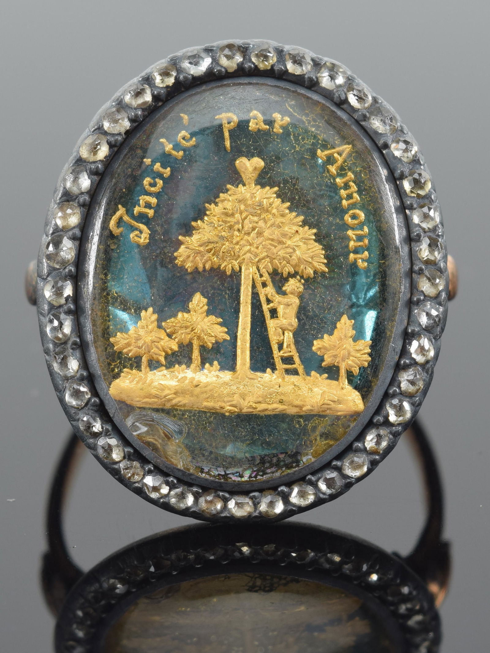 Early 19th century gold and silver ring with gilt decoration of man on ladder climbing a tree. (1 of 6)