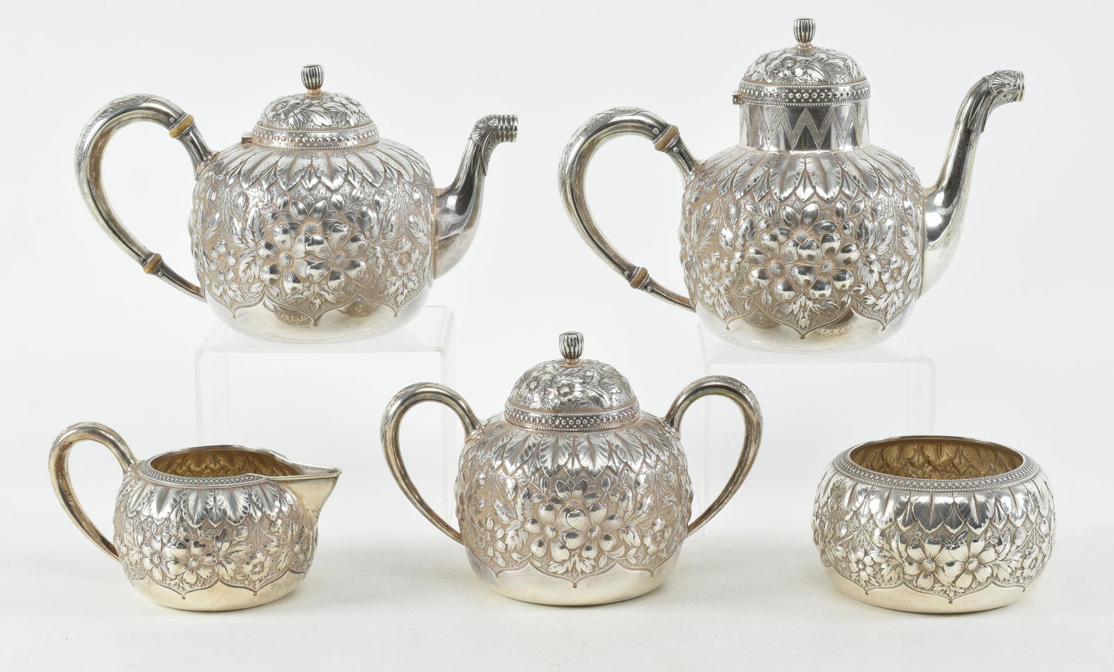 Gorham Victorian sterling silver floral and leaf allover repousse decorated 5 piece tea set. Beaded (1 of 15)