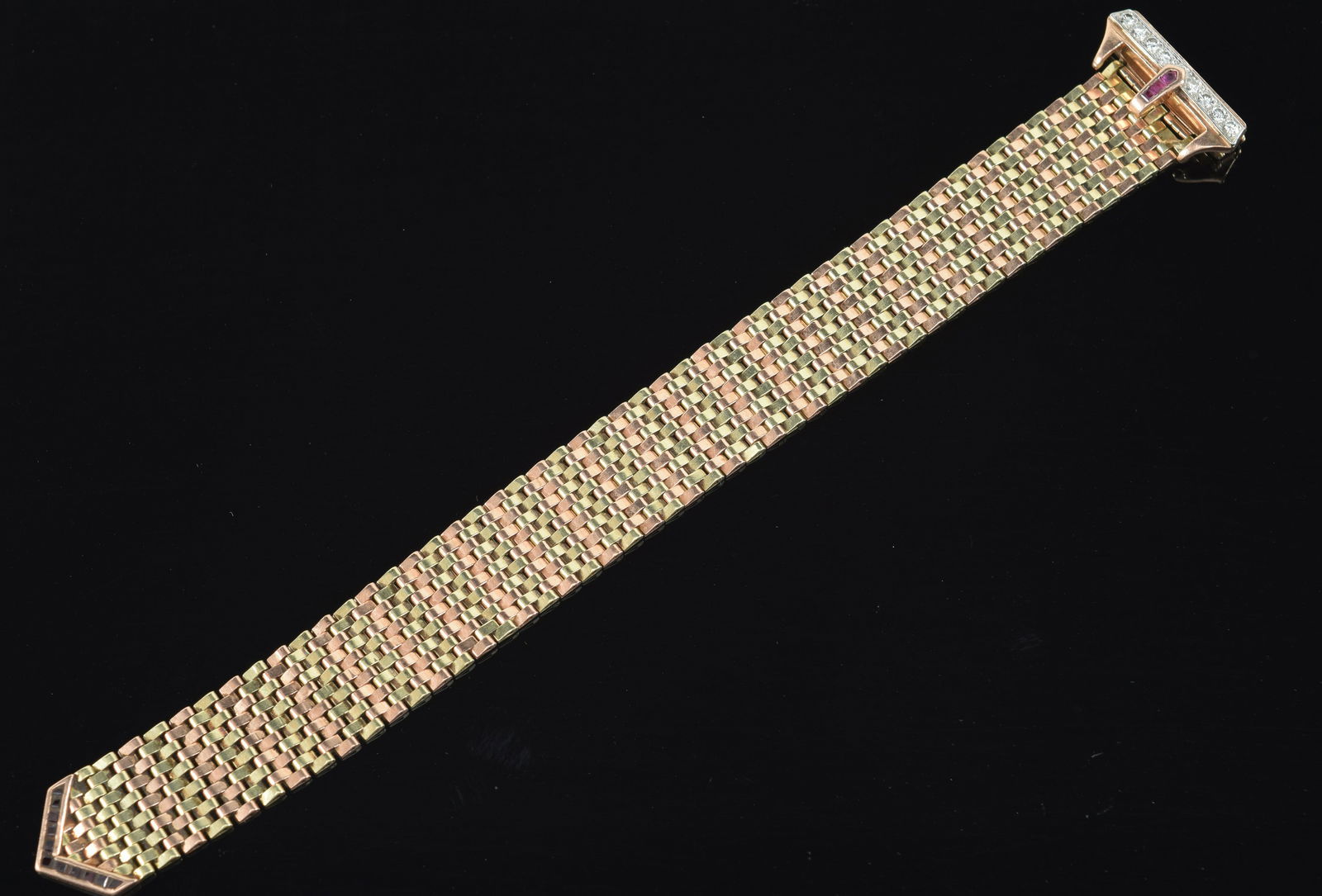 14K yellow and rose gold vintage ruby and diamond mounted mesh band bucket bracelet. Unmarked. Tests (1 of 7)