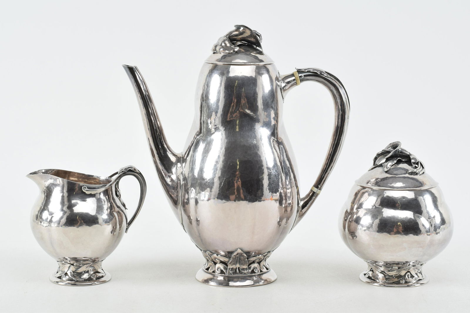 Peer Smed sterling silver hand wrought 3-piece tea set. Hand hammered surface. Leaf form handles. (1 of 10)