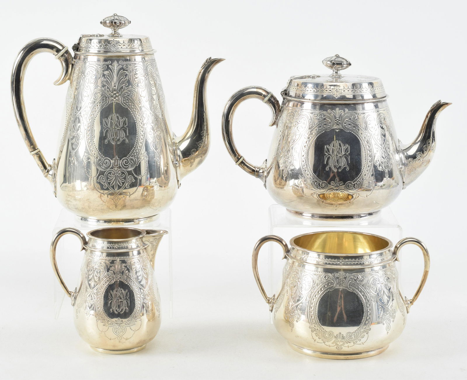 English sterling silver 4-piece tea set. London. 1870-1. Fine engraved Victorian decoration. Tall (1 of 16)