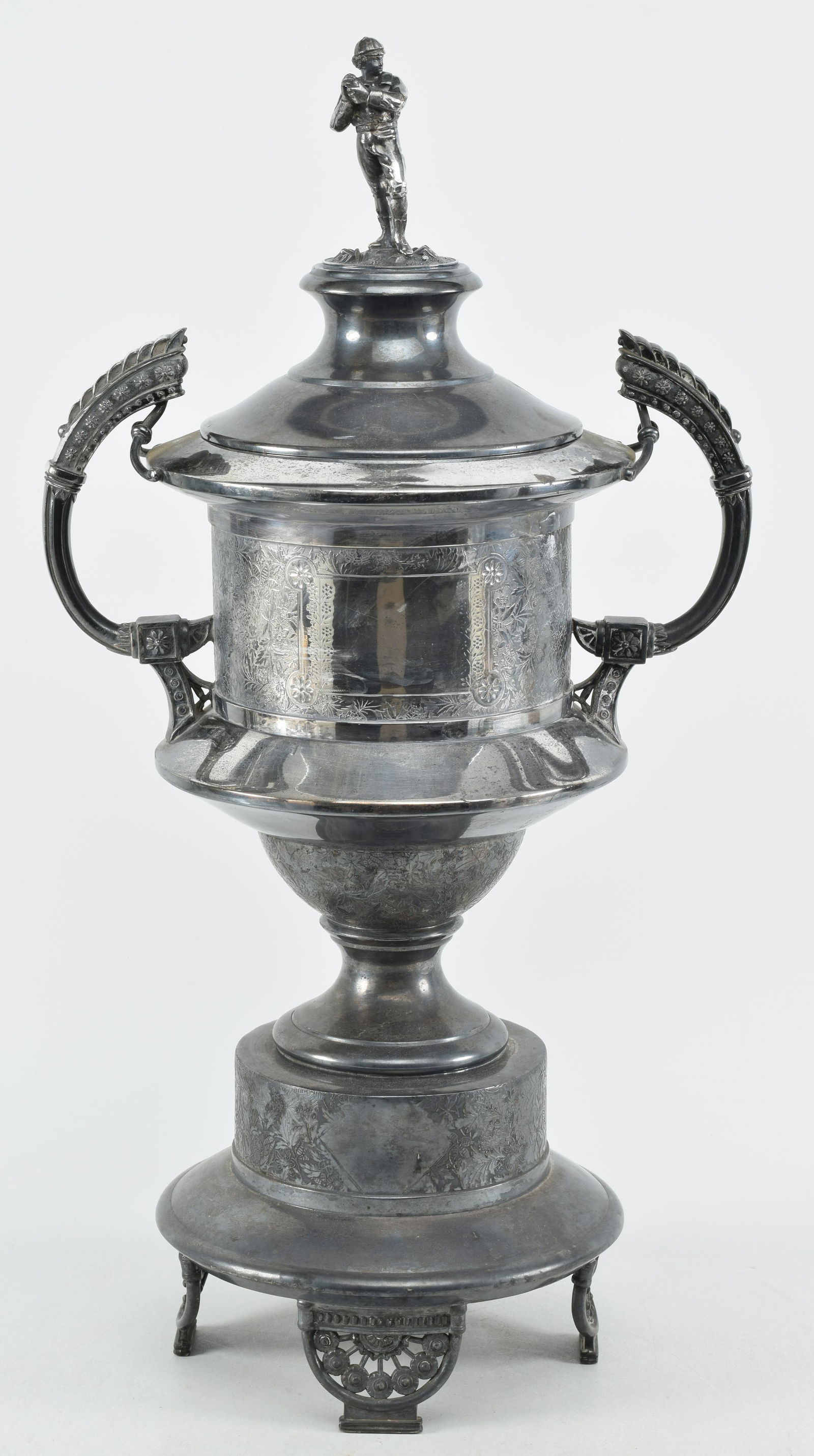 Meriden Britannia Co, plated silver trophy cup with baseball player finial, circa 1885. Un-engraved: Meriden Britannia Co, plated silver trophy cup with baseball player finial, circa 1885. Un-engraved Model No. 2200 Height 24 inches.