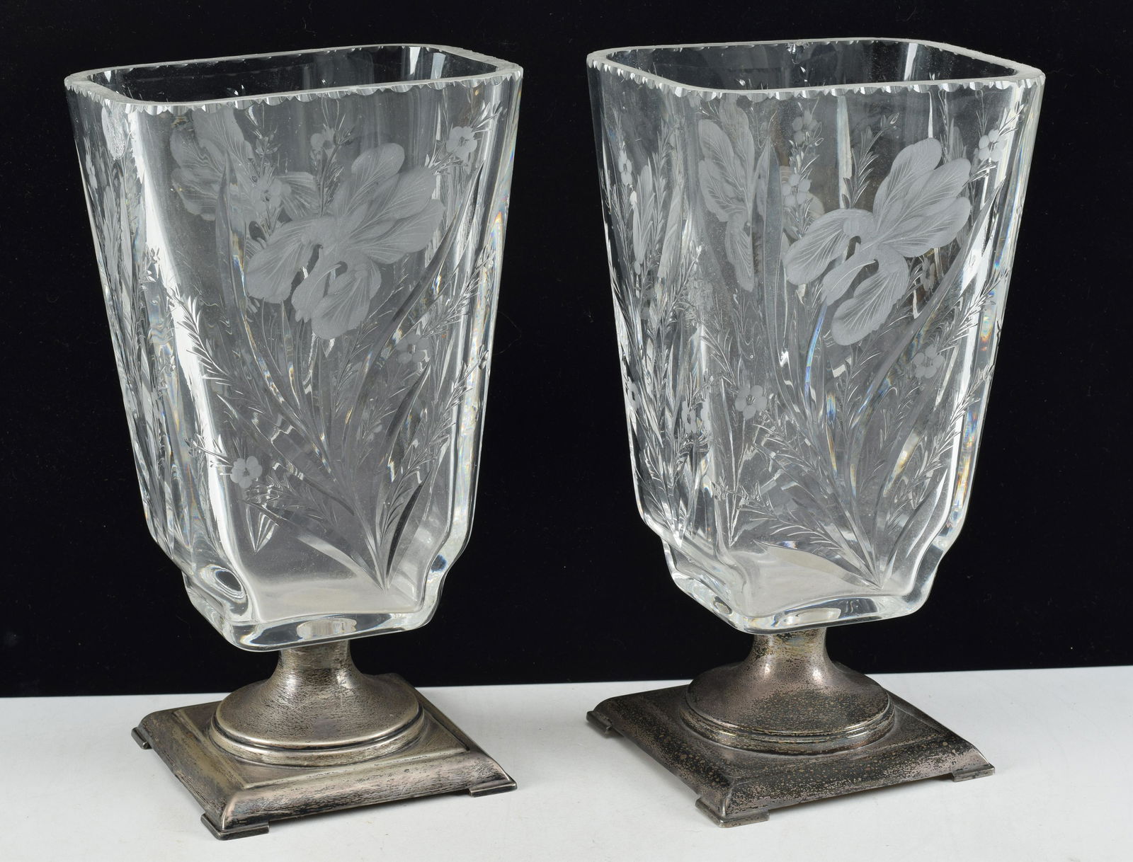 Pair of Hawkes sterling silver footed etched glass vases. Floral decoration on glass with scalloped (1 of 6)