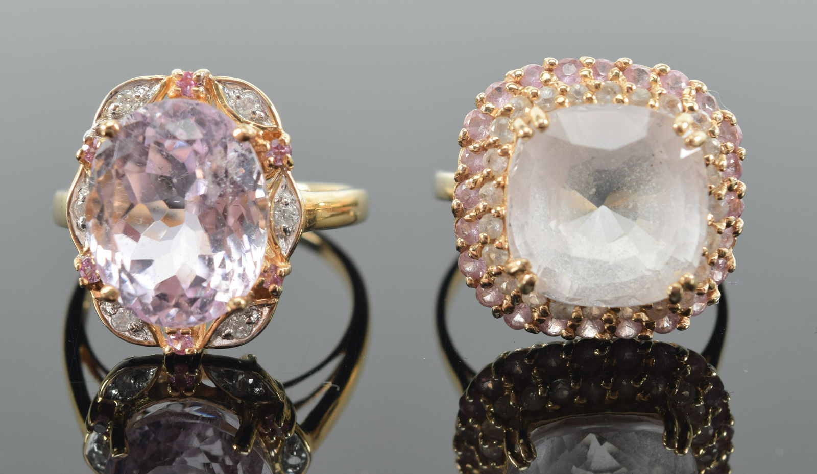 2 14K gold morganite and diamond mounted rings. Each marked 14K. (1 of 10)