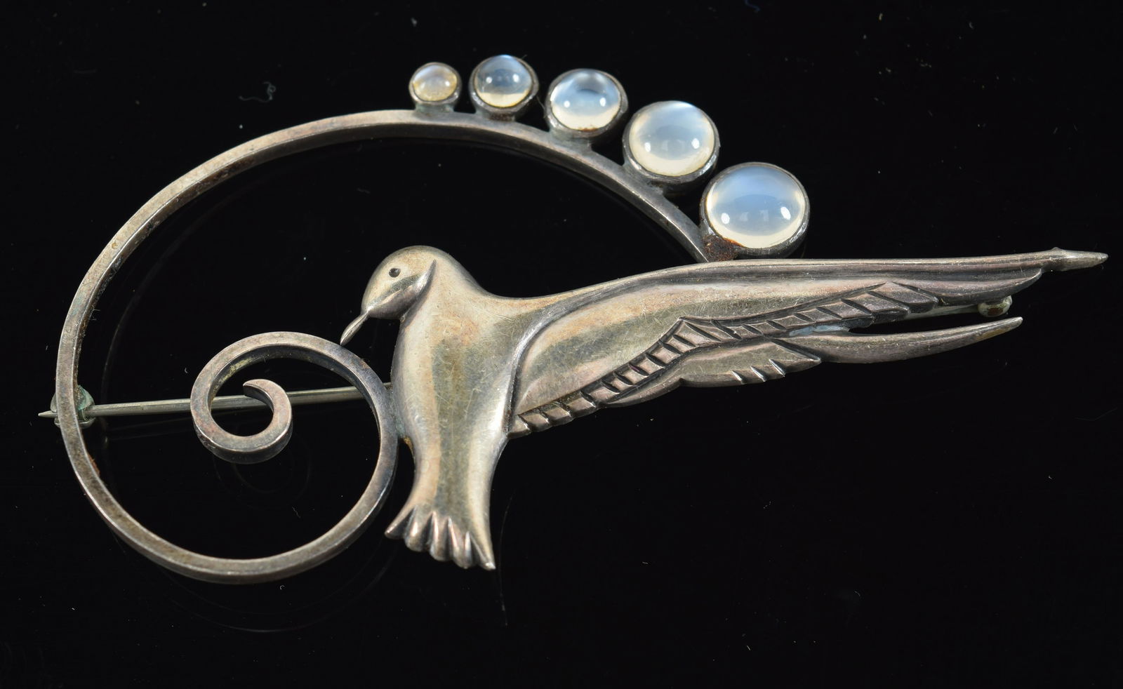 Madeleine Turner mid-century modernist sterling silver bird pin with spiral and graduated round (1 of 5)