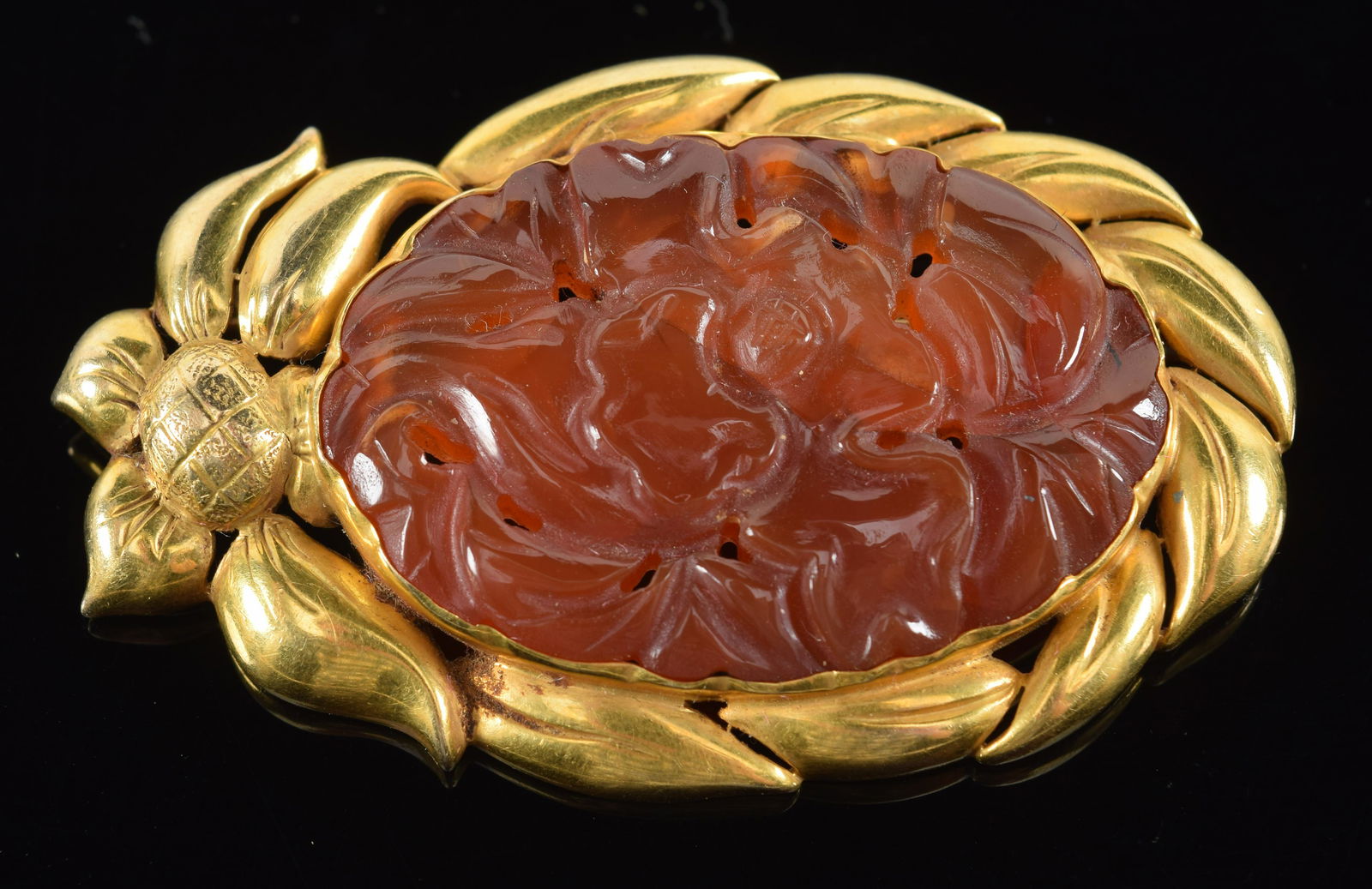 Madeleine Turner 14K gold mid-century pin with floral carved agate inset in a gold foliate setting. (1 of 5)