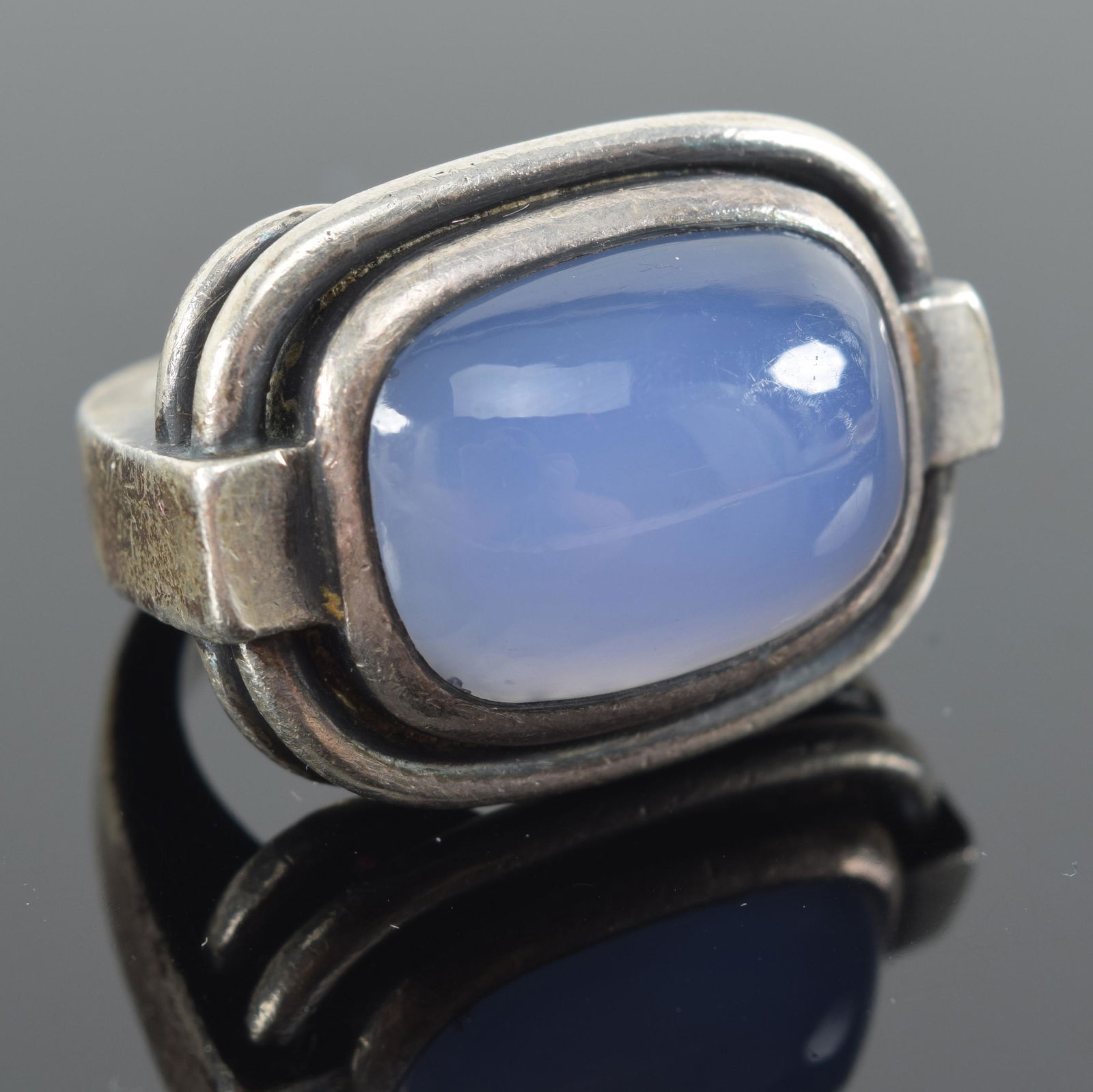 Madeleine Turner heavy modernist sterling silver ring set with large cornflower blue opaque stone. (1 of 7)