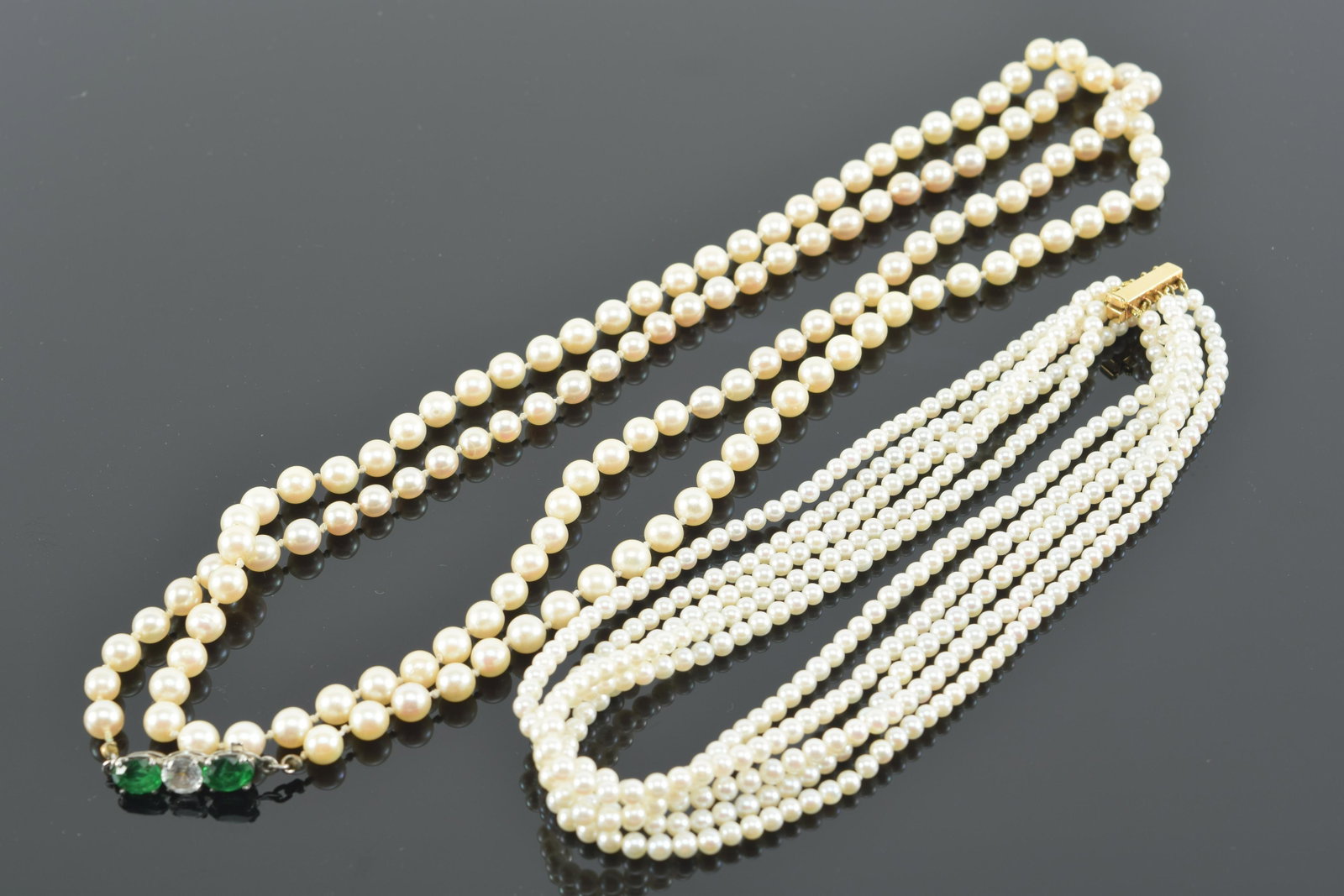 2 pearl necklaces. 1) Seed pearl choker with 18K gold clasp. Unmarked. Tests as 18K. 13.75 in long: 2 pearl necklaces. 1) Seed pearl choker with 18K gold clasp. Unmarked. Tests as 18K. 13.75 in long open. 2) 20.5in long closed length. Unmarked clasp.