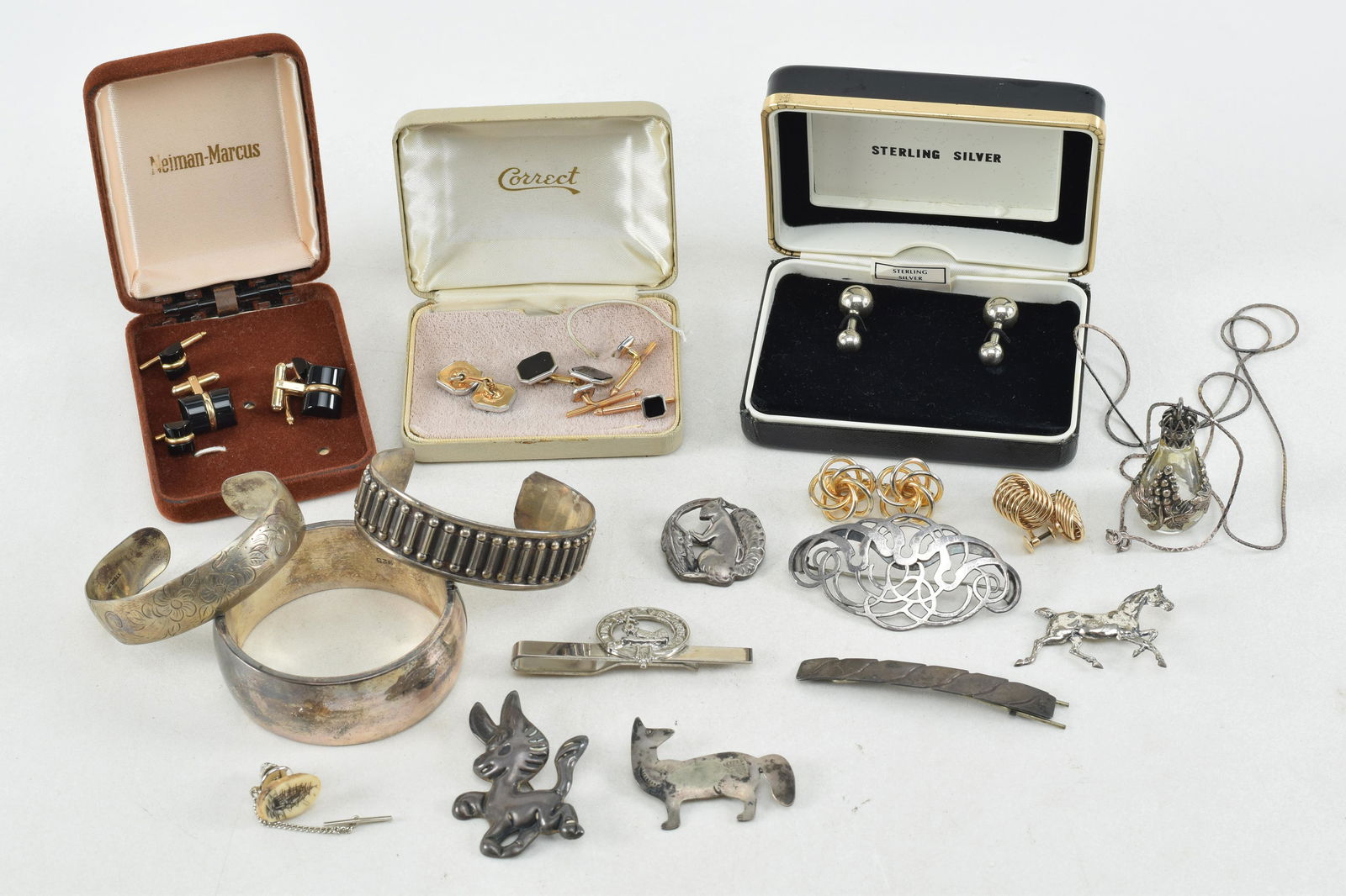 Vintage silver and costume jewelry selection. 2 sterling silver cuff bracelets, sterling bangle, 6 (1 of 5)