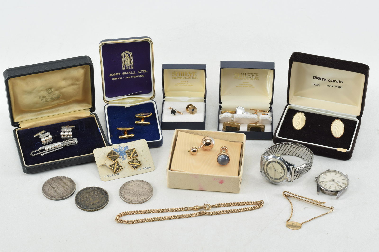 Lot of Mens jewelry including a 10K gold tie pin with hanging pendant. Monogram marked 10K. Consul (1 of 10)
