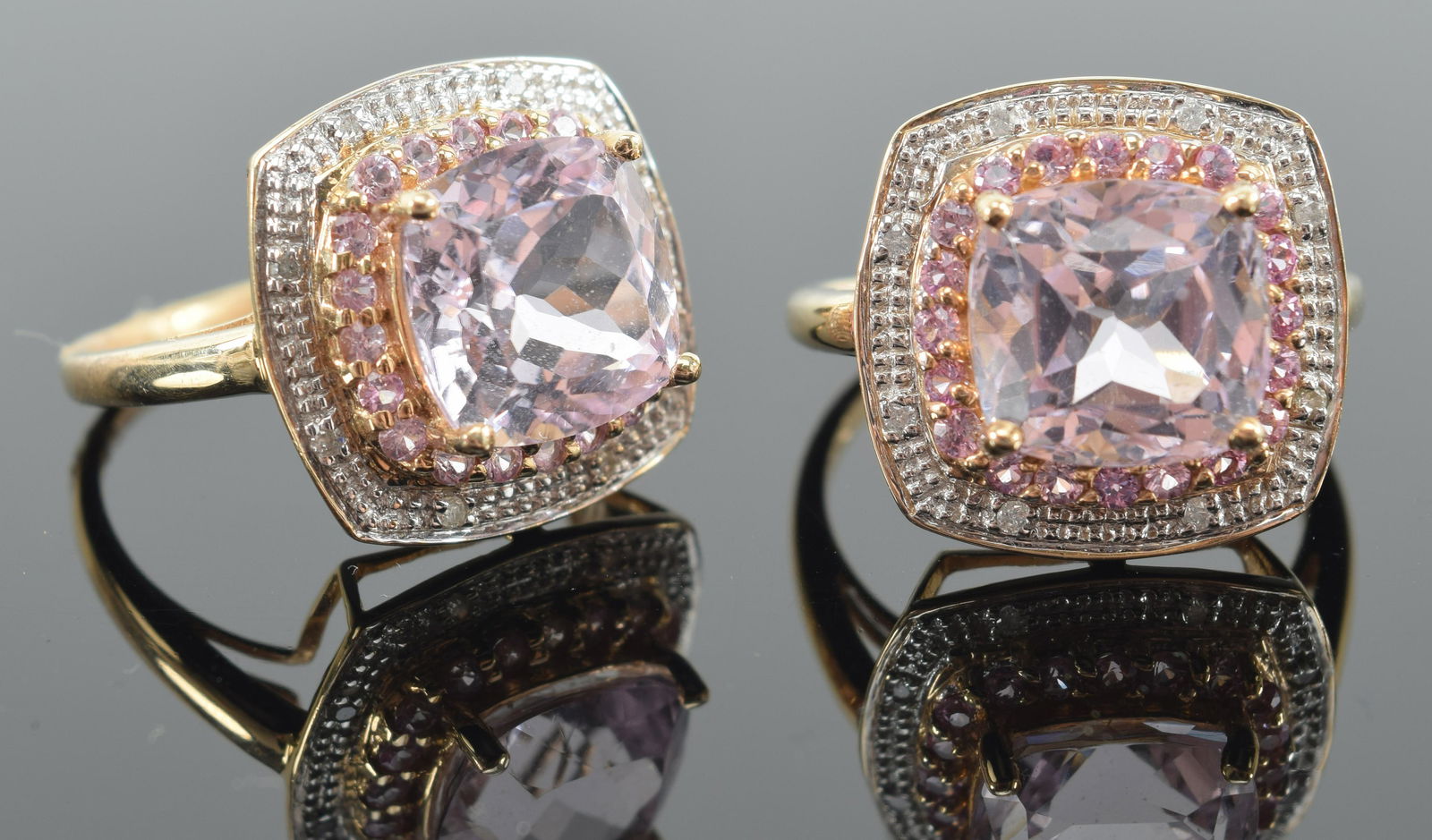 2 14K gold morganite and diamond mounted rings. Each marked 14K.: 2 14K gold morganite and diamond mounted rings. Each marked 14K. Ring size of each is 7.25.