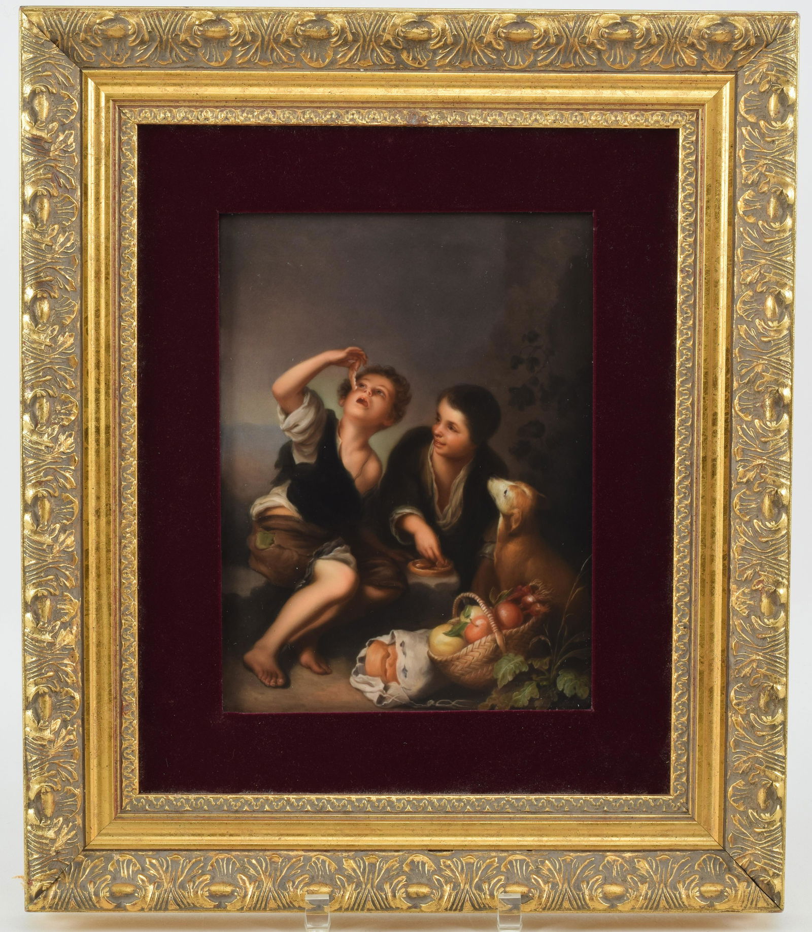 KPM rectangular plaque, signed Mally, after Marillo. Boys at picnic with dog. Sight size 10 x 7.5, (1 of 8)