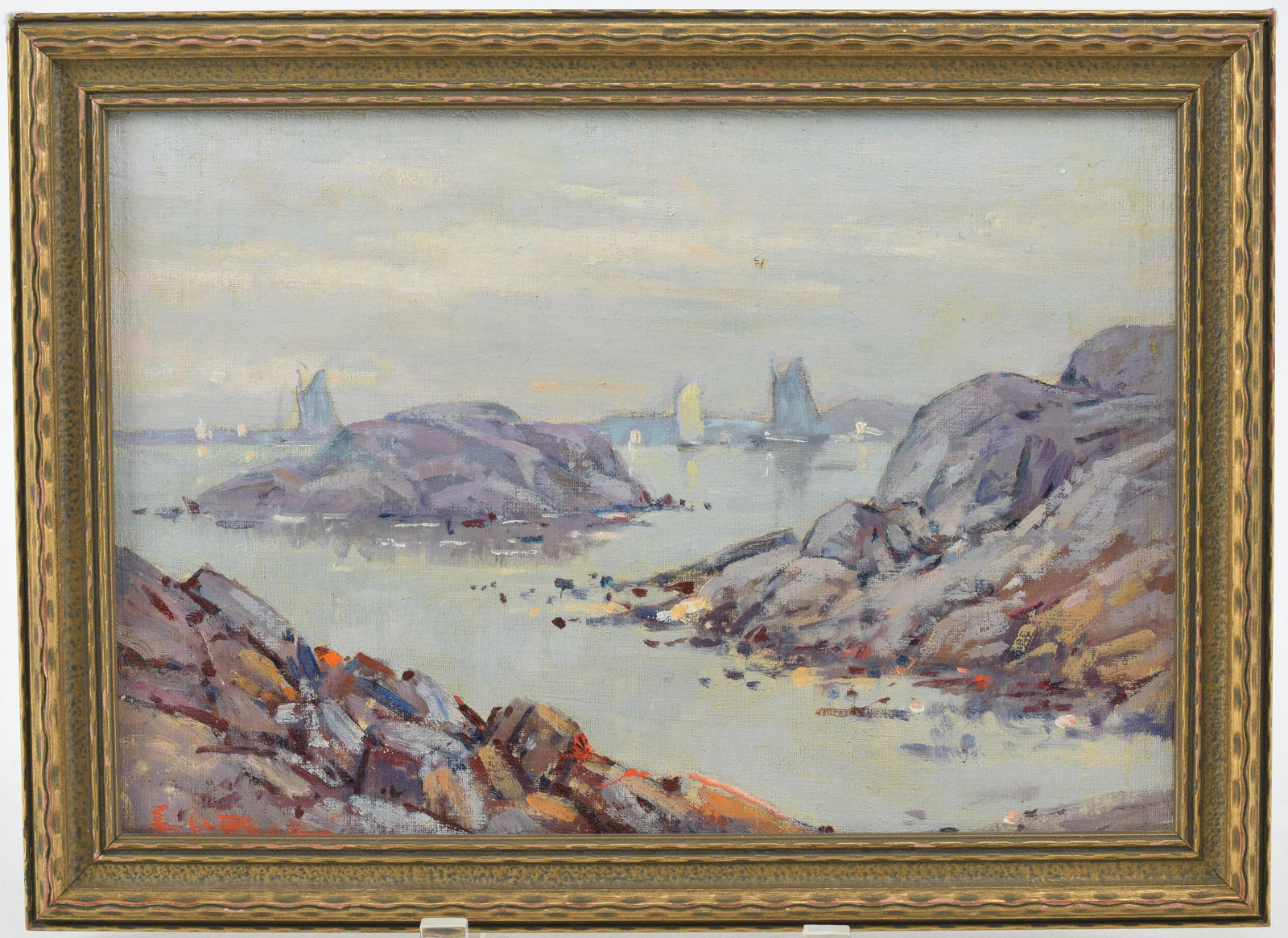 E. A. Page. Rocky Maine shoreline with sailboats. Fine bright impressionist seascape. Signed lower (1 of 6)
