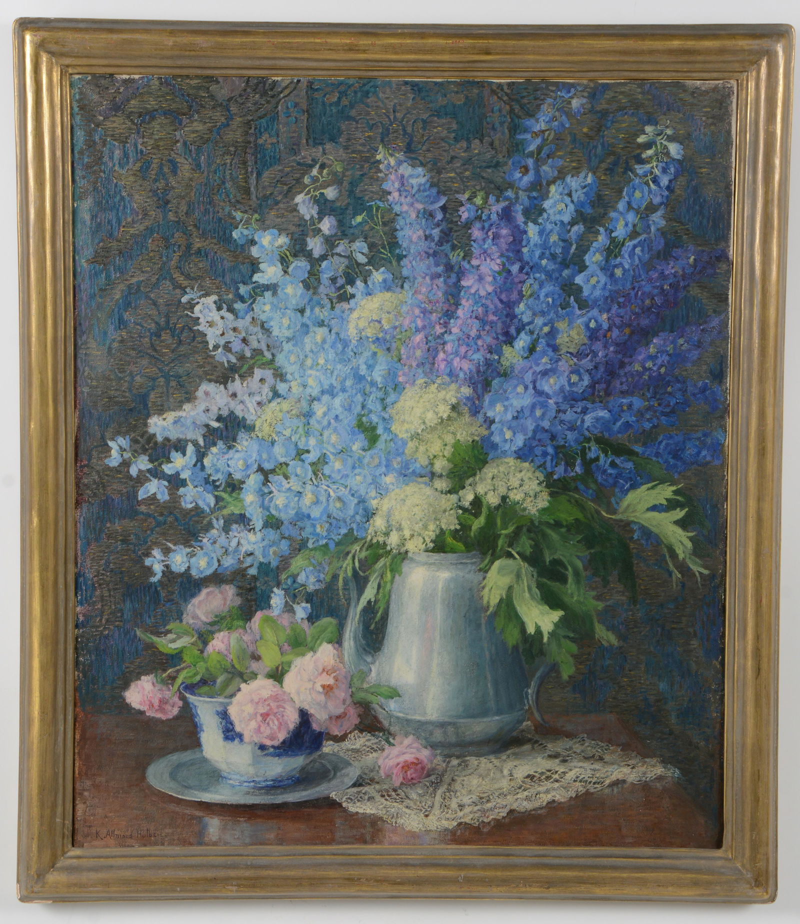 Katherine Allmond Hulbert. Boston school. Large still life painting of flowers on a table. Oil on (1 of 11)