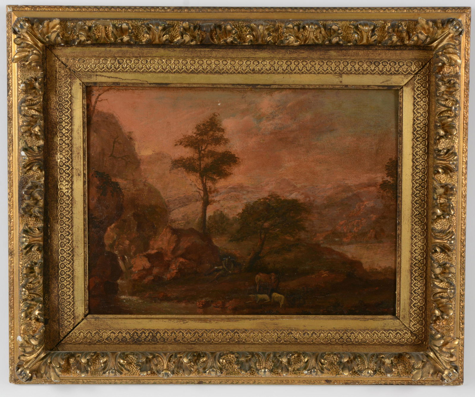 18th/19th century old master luminous landscape painting on oak panel. Depicting a shepherd at rest (1 of 8)