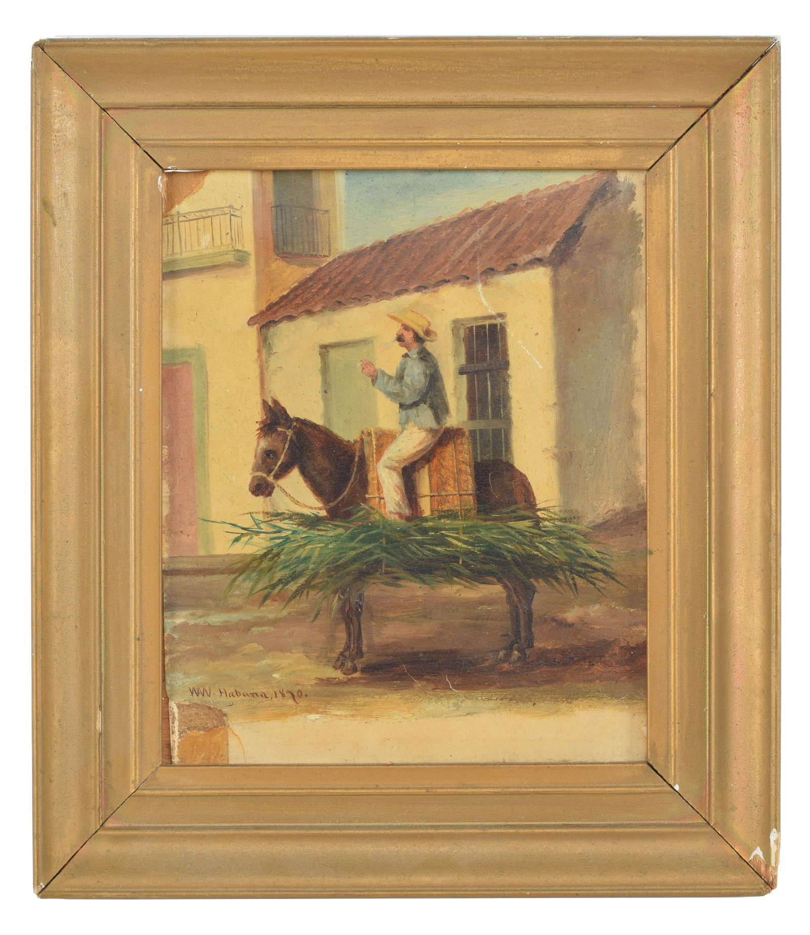 William Aiken Walker. "Habana, 1870". Oil on paper. View of a rider on burro hauling palm leaves and: William Aiken Walker. "Habana, 1870". Oil on paper. View of a rider on burro hauling palm leaves and smoking a cigarette set in a tropical village. Monogrammed and dated lower left. 2 corners with dam
