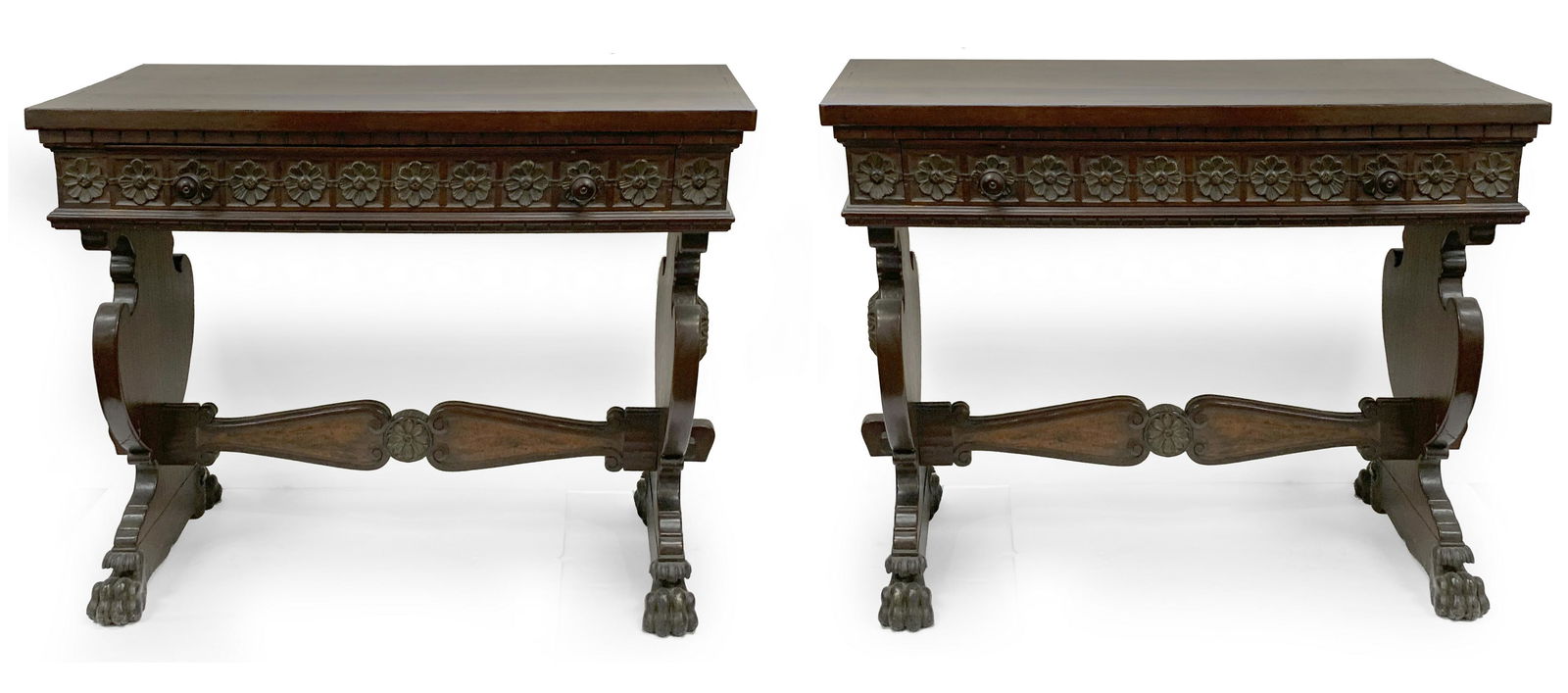 Pair of renaissance revival mahogany  console tables, 20th Century. Single long drawer and floral (1 of 6)