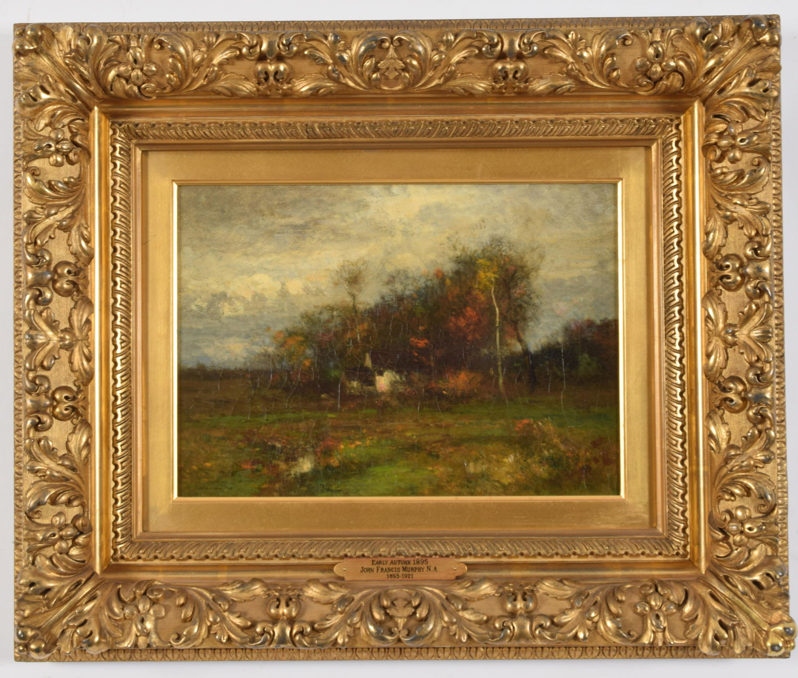 John Francis Murphy. American. Barbizon landscape with house. Signed and dated lower left. 1895. Oil: John Francis Murphy. American. Barbizon landscape with house. Signed and dated lower left. 1895. Oil on canvas. Framed. Craquelure. Framed in a fine Barbizon 19th century frame. Sight: 10.25 x 14in. O