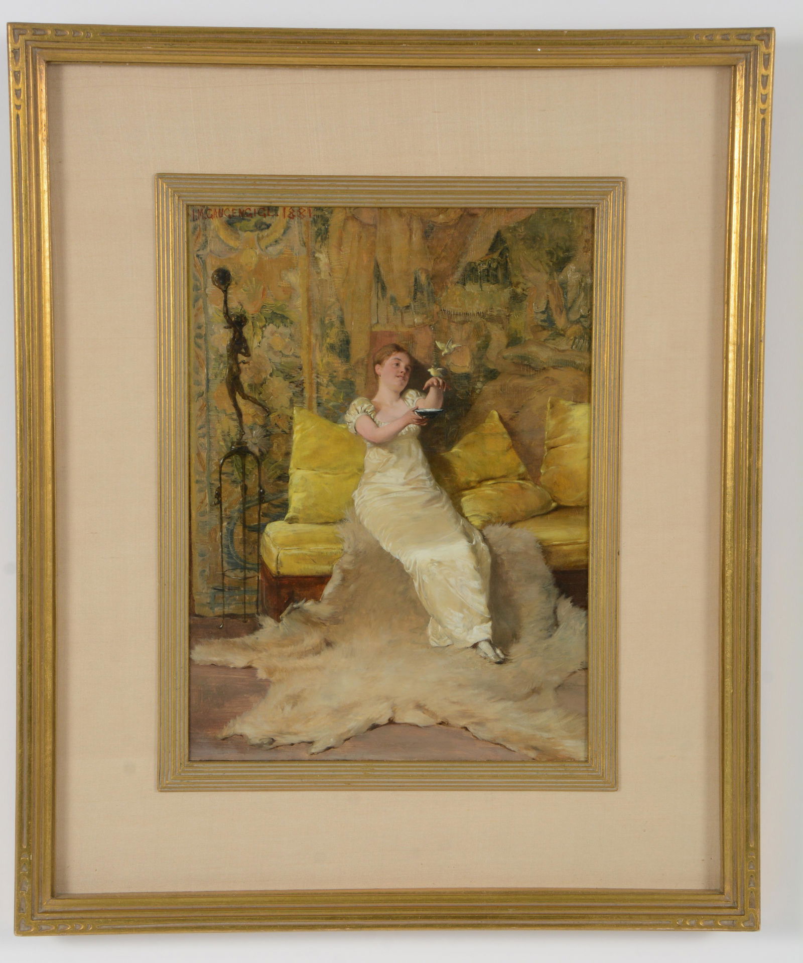 Ignaz Marcel Gaugengigl. 1881. Fine original painting depicting a young woman reclining on a yellow (1 of 10)