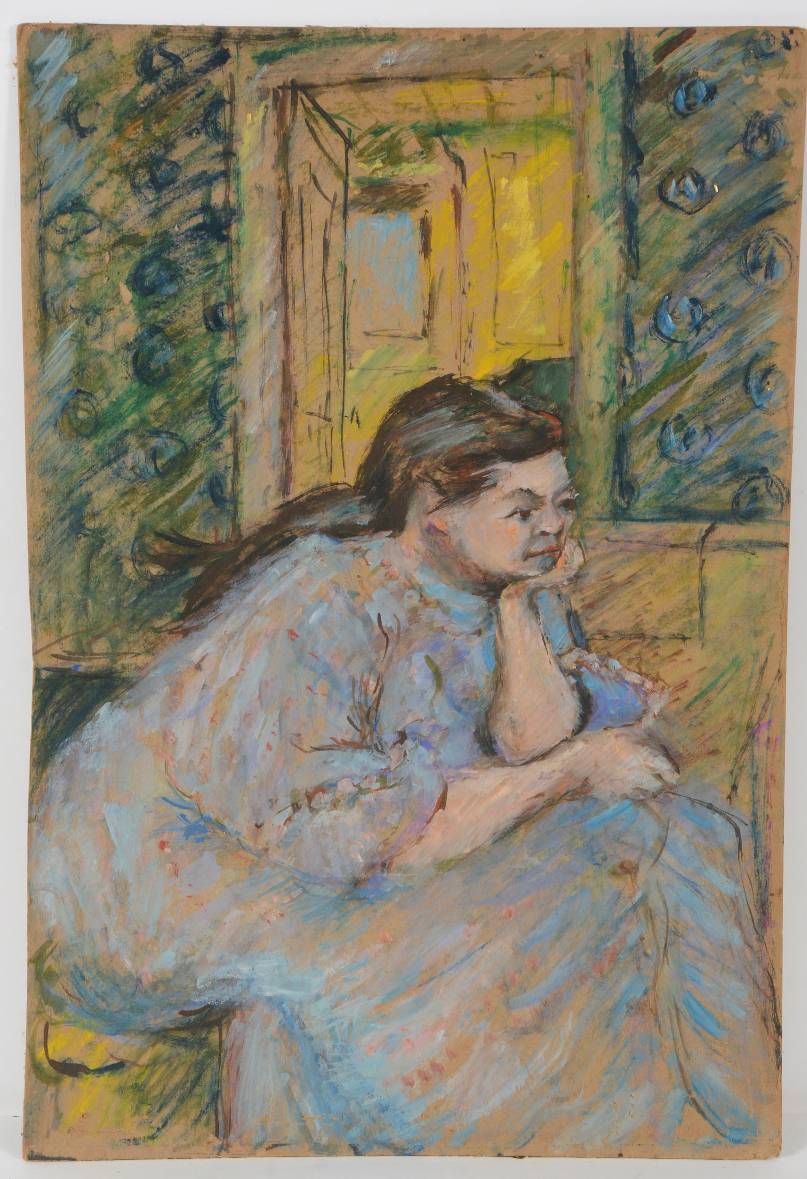 19th/20th century impressionist mixed media painting of a contemplative women seated by a window.: 19th/20th century impressionist mixed media painting of a contemplative women seated by a window. Fine quality. On paper on thin board. Unframed. 23.25 x 16in. Some scratches along bottom.