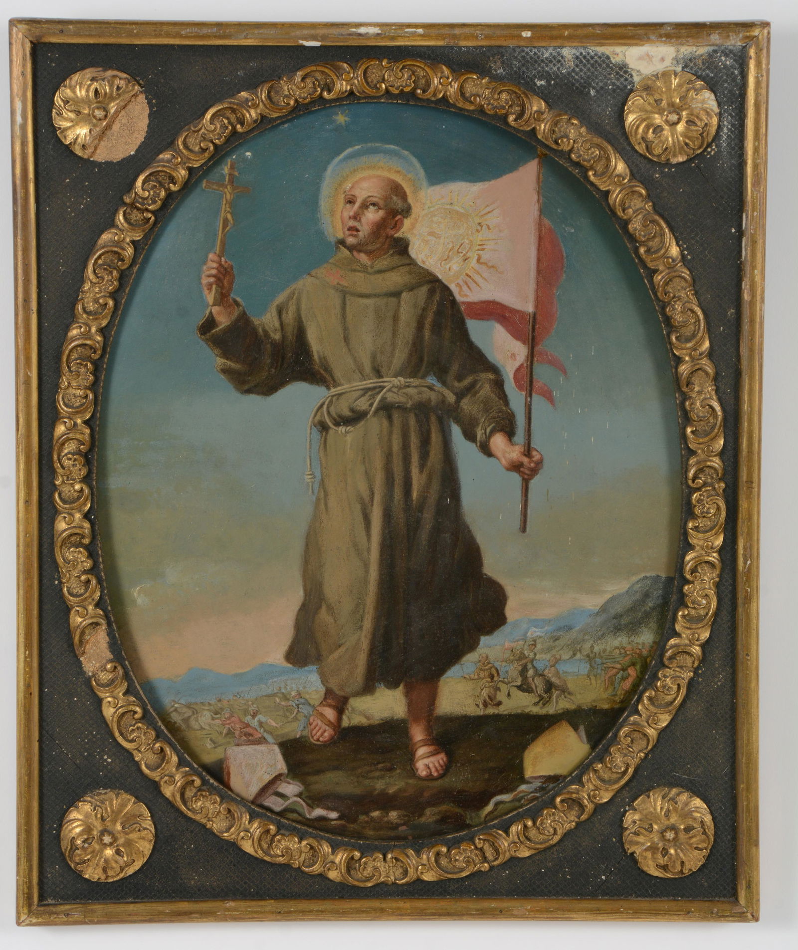 17/18th century Italian old master painting on copper depicting St. Francis carrying a banner (1 of 6)