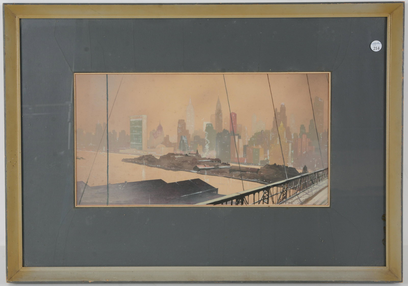 Marsden Lore. "Hazy Night". Dated 56' View from Queensboro bridge across East River to UN building.: Marsden Lore. "Hazy Night". Dated 56' View from Queensboro bridge across East River to UN building. Watercolor on paper, label verso. Original frame Sight size 9.25 x 17 in Overall 19 x 27