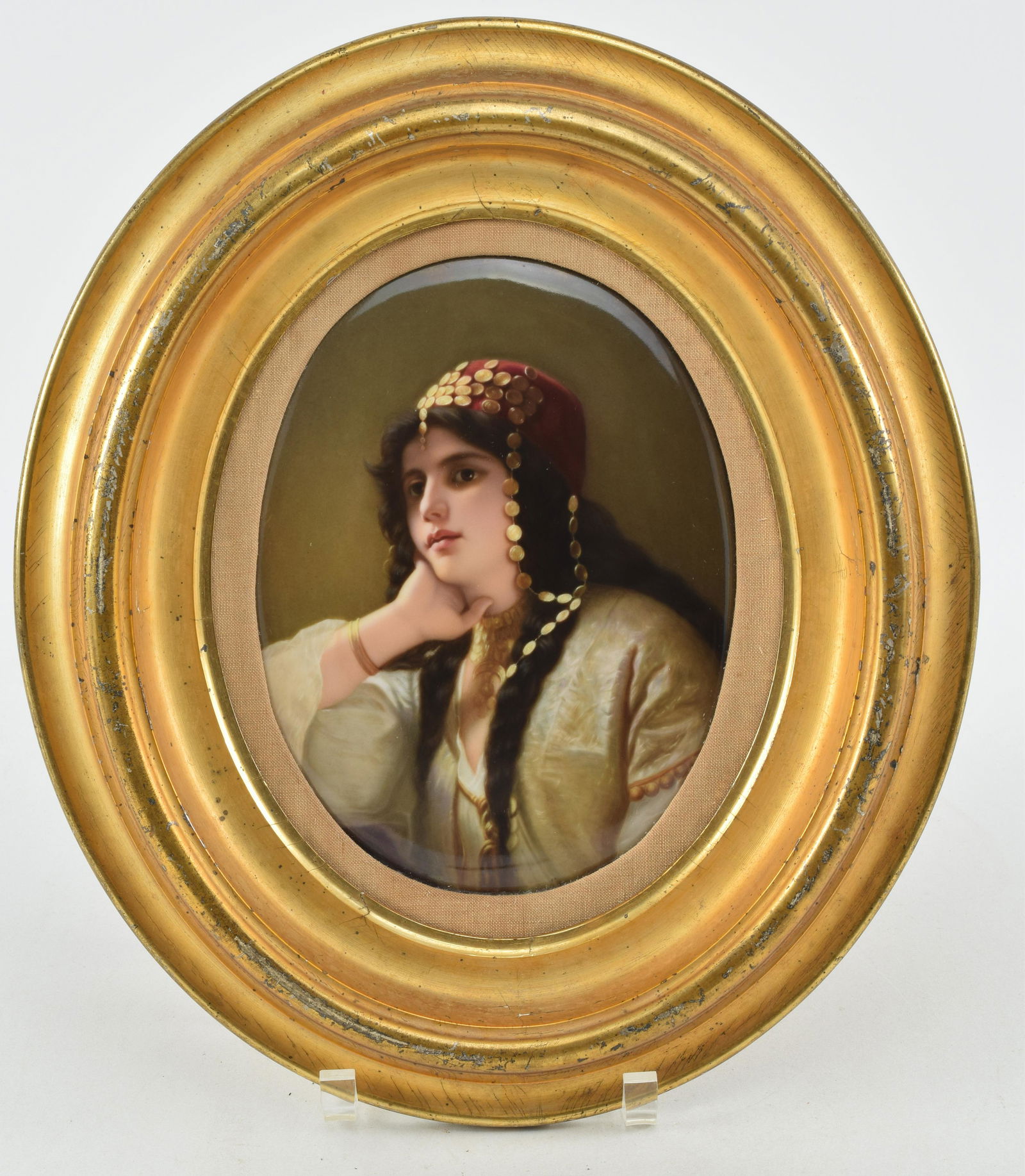 KMP oval portrait plaque of young woman, wearing fez with coin chain. Impressed mark.Sight size 8.25 (1 of 7)