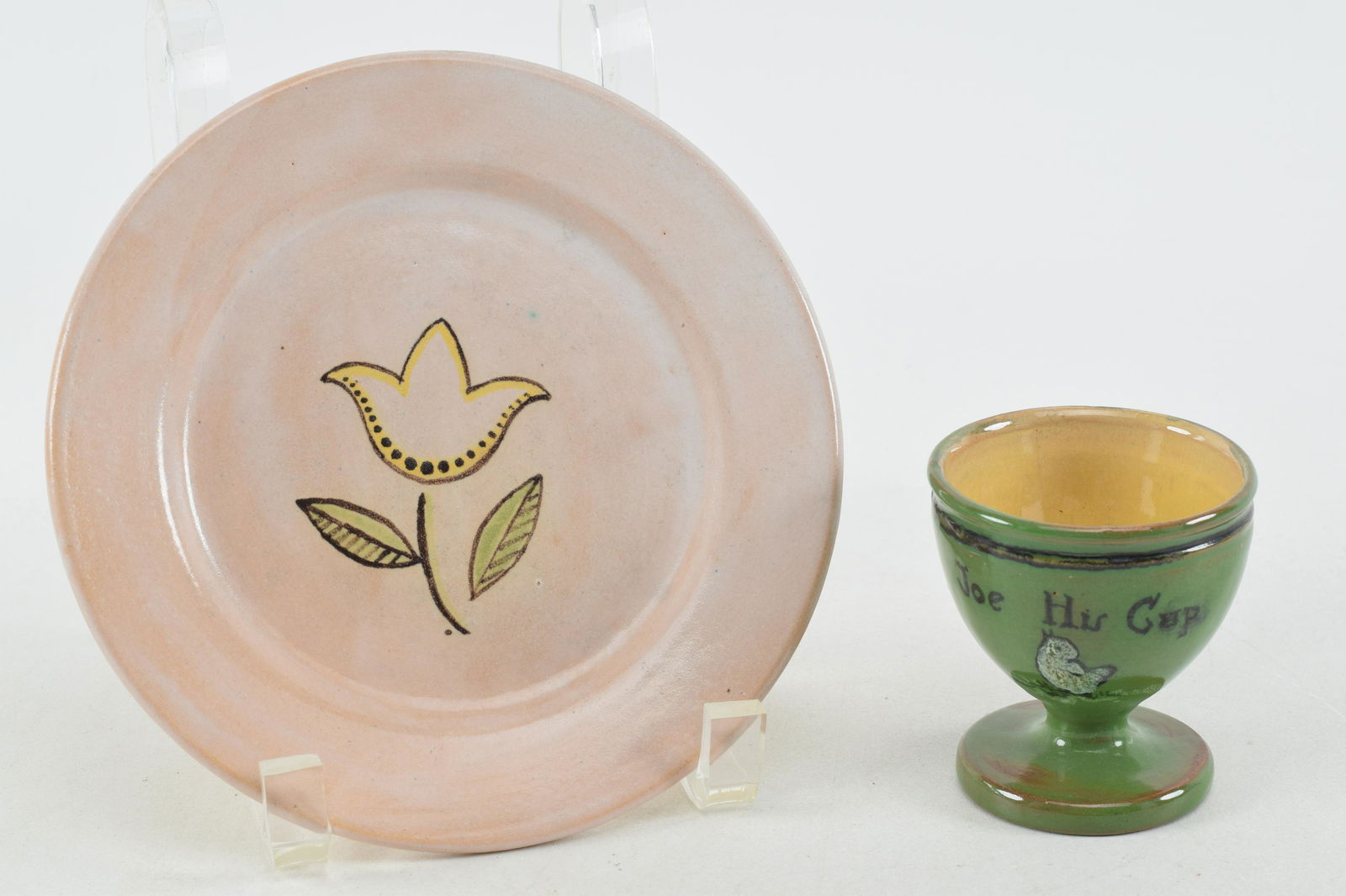 Paul Revere Pottery egg cup and small plate. Egg cup in green with chick and Joe His Cup and the (1 of 7)