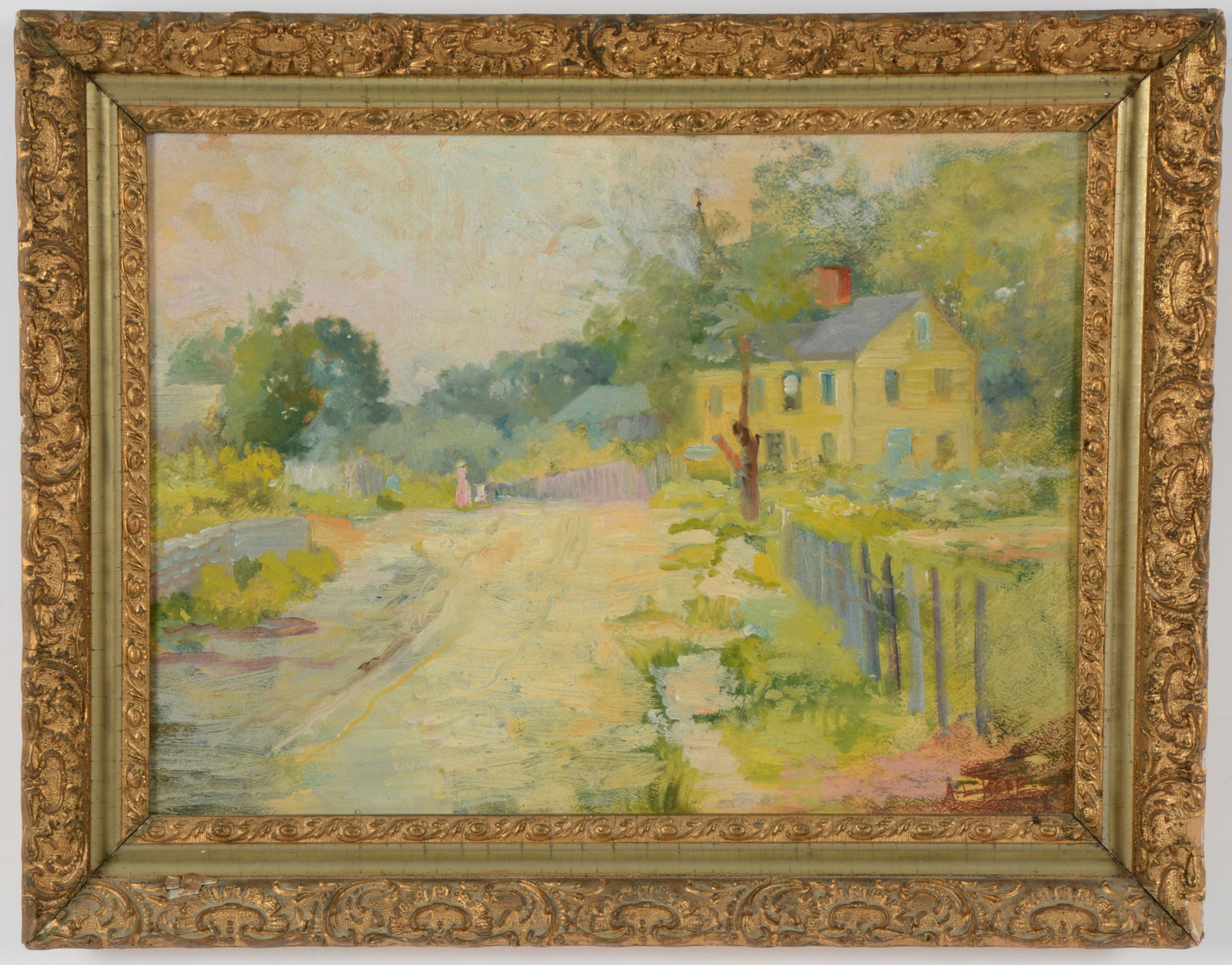 Alice L. Keep. Massachusetts. Impressionist landscape with mother and child walking along the road.: Alice L. Keep. Massachusetts. Impressionist landscape with mother and child walking along the road. Oil on board. Framed. Blemish in upper right corner. Sight: 12 x 16.25in. Overall: 15 x 19.25in.